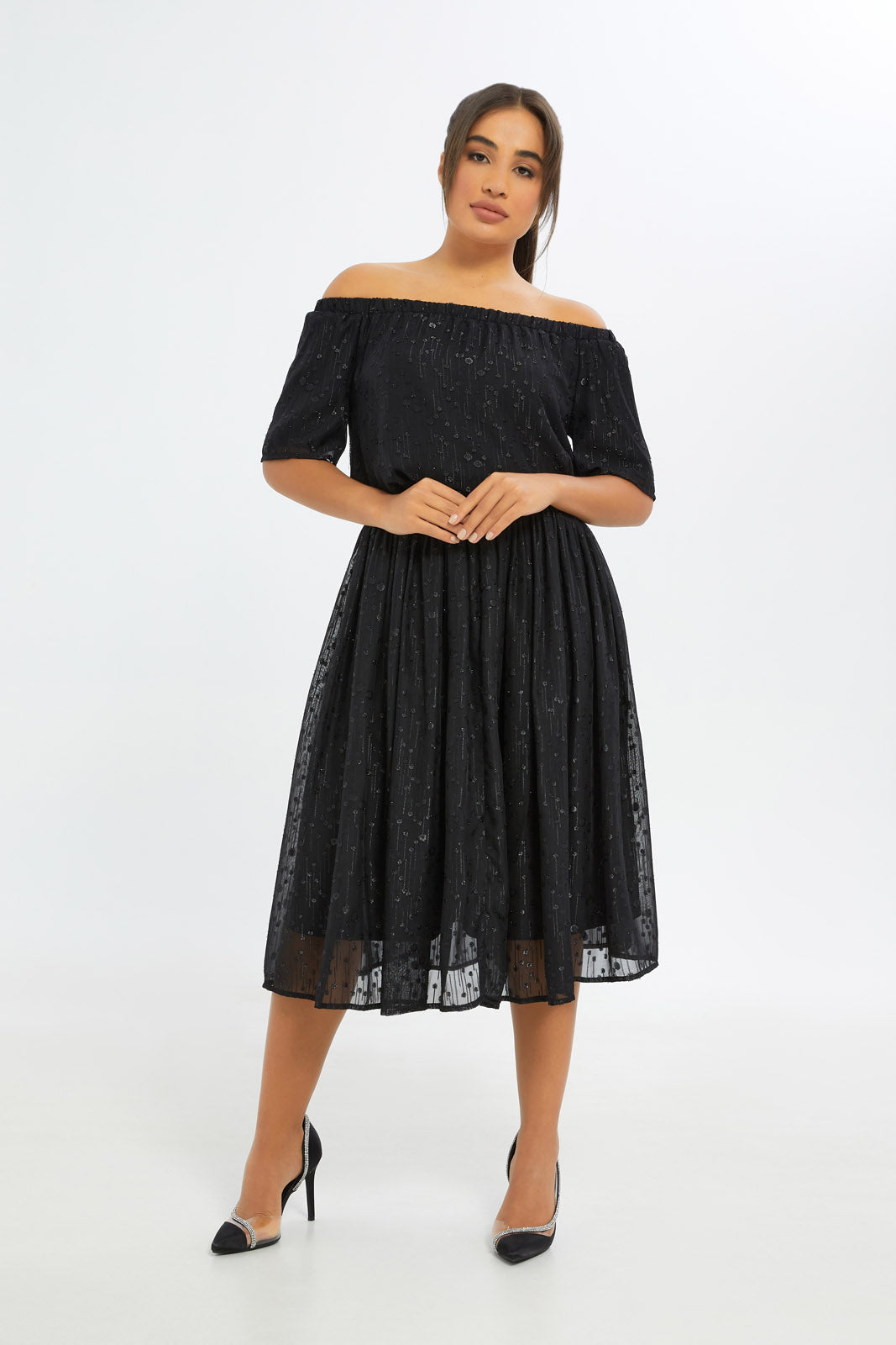 Redtag-Women-Black-Metallic-Bardot-Top-Category:Blouses,-Colour:Black,-Deals:New-In,-Event:RMD,-Filter:Women's-Clothing,-H1:LWR,-H2:LAD,-H3:BLO,-H4:CBL,-New-In-Women-APL,-Non-Sale,-Promo:RMD,-RMD,-S23C,-Season:S23C,-Section:Women,-Women-Blouses-Women's-