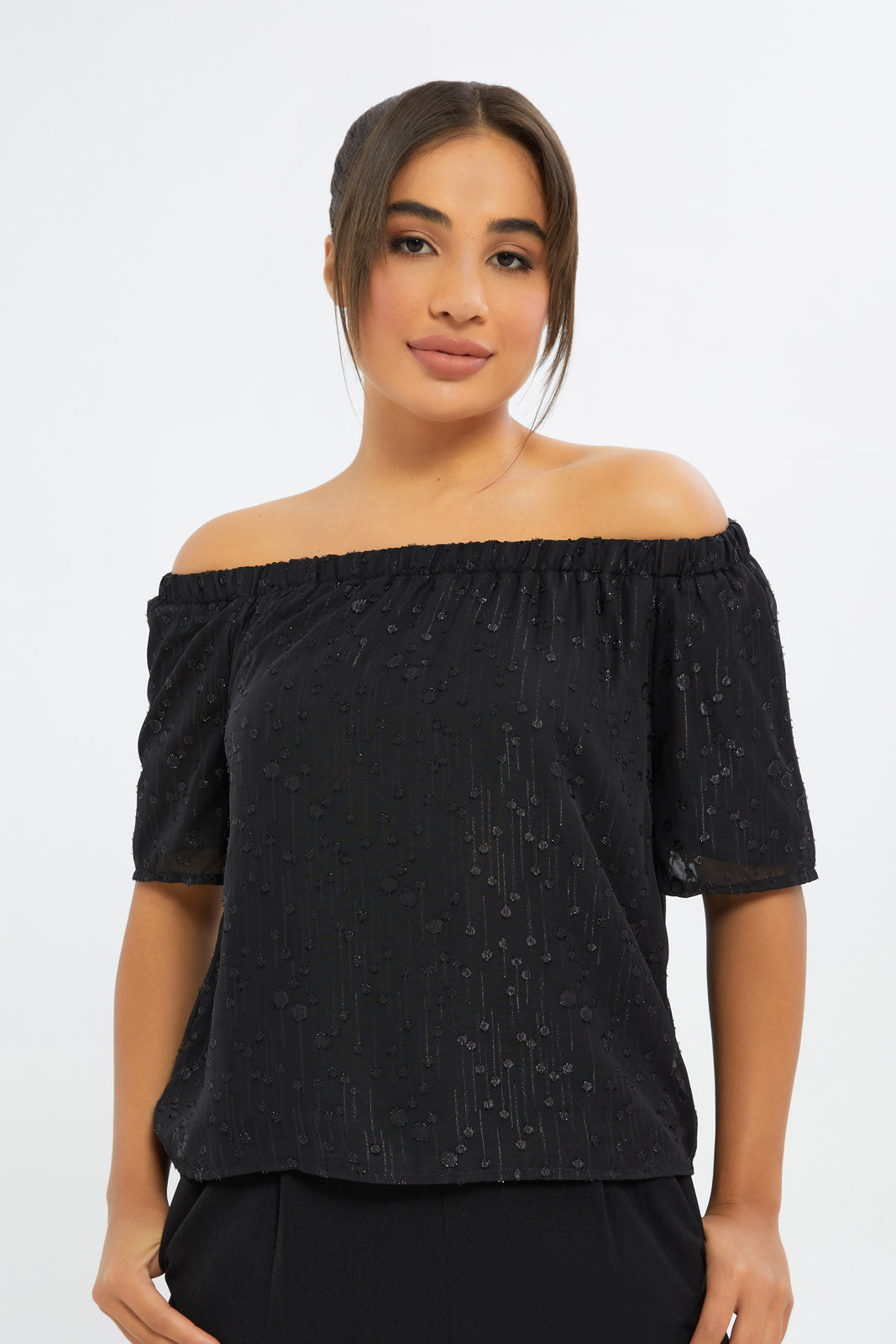 Redtag-Women-Black-Metallic-Bardot-Top-Category:Blouses,-Colour:Black,-Deals:New-In,-Event:RMD,-Filter:Women's-Clothing,-H1:LWR,-H2:LAD,-H3:BLO,-H4:CBL,-New-In-Women-APL,-Non-Sale,-Promo:RMD,-RMD,-S23C,-Season:S23C,-Section:Women,-Women-Blouses-Women's-