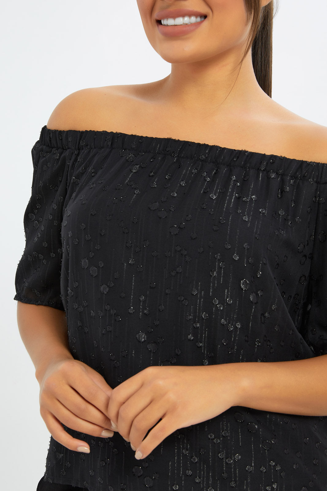 Redtag-Women-Black-Metallic-Bardot-Top-Category:Blouses,-Colour:Black,-Deals:New-In,-Event:RMD,-Filter:Women's-Clothing,-H1:LWR,-H2:LAD,-H3:BLO,-H4:CBL,-New-In-Women-APL,-Non-Sale,-Promo:RMD,-RMD,-S23C,-Season:S23C,-Section:Women,-Women-Blouses-Women's-