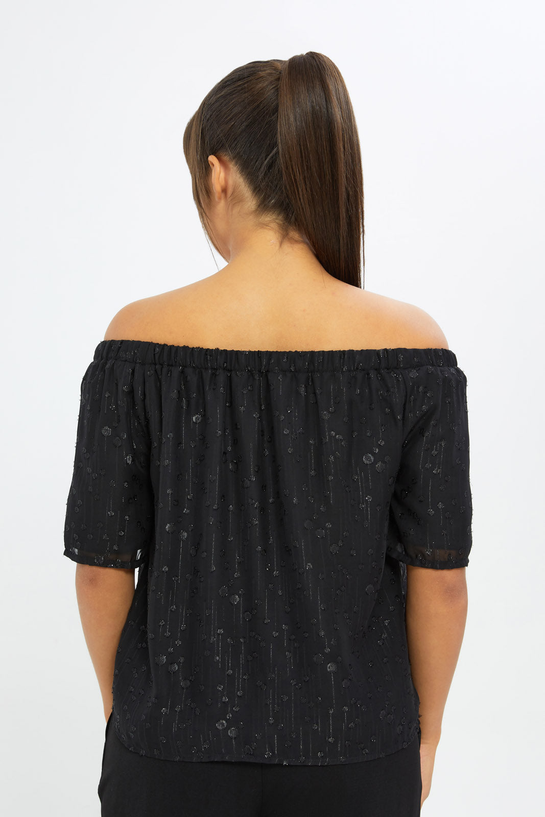 Redtag-Women-Black-Metallic-Bardot-Top-Category:Blouses,-Colour:Black,-Deals:New-In,-Event:RMD,-Filter:Women's-Clothing,-H1:LWR,-H2:LAD,-H3:BLO,-H4:CBL,-New-In-Women-APL,-Non-Sale,-Promo:RMD,-RMD,-S23C,-Season:S23C,-Section:Women,-Women-Blouses-Women's-