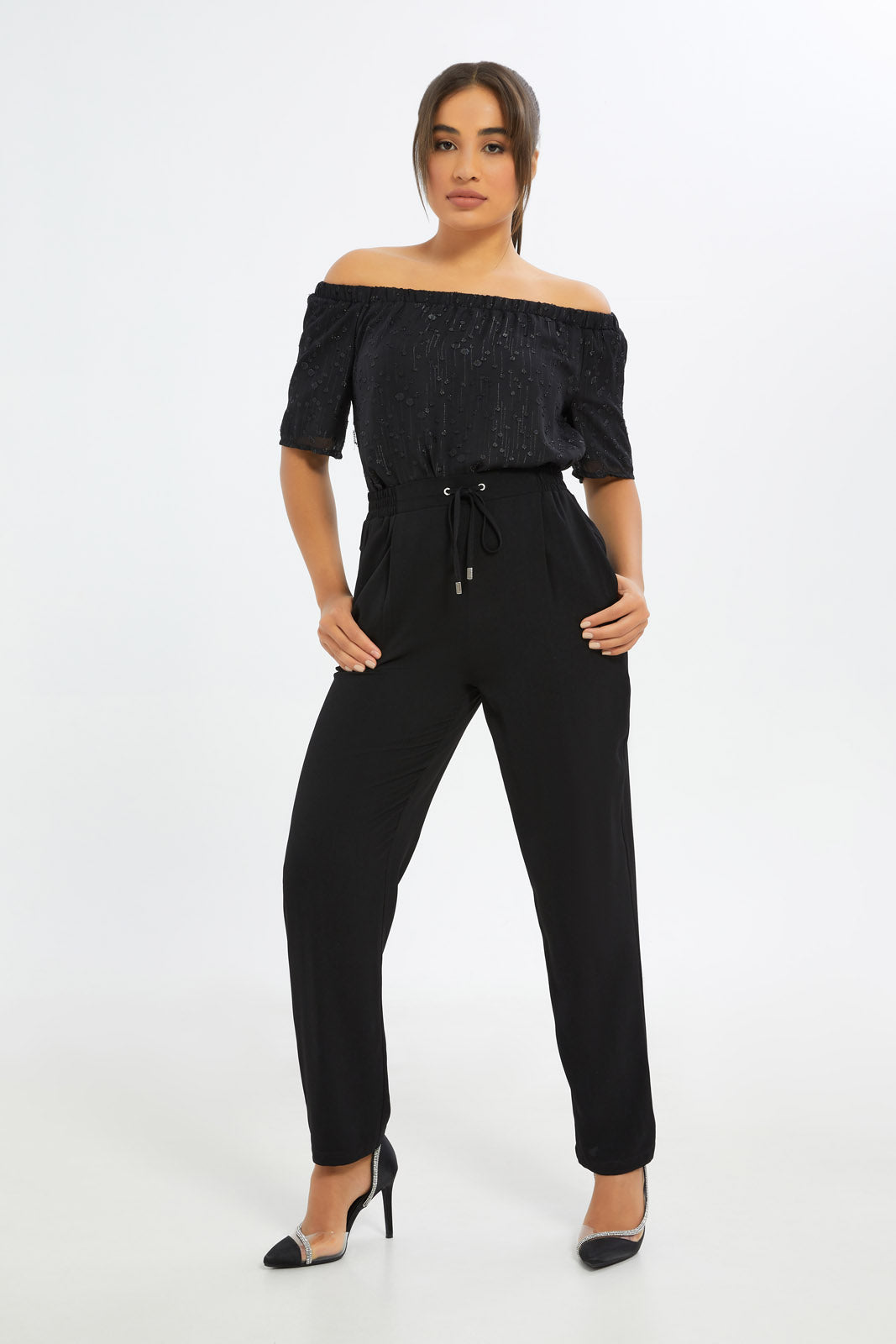 Redtag-Women-Black-Metallic-Bardot-Top-Category:Blouses,-Colour:Black,-Deals:New-In,-Event:RMD,-Filter:Women's-Clothing,-H1:LWR,-H2:LAD,-H3:BLO,-H4:CBL,-New-In-Women-APL,-Non-Sale,-Promo:RMD,-RMD,-S23C,-Season:S23C,-Section:Women,-Women-Blouses-Women's-