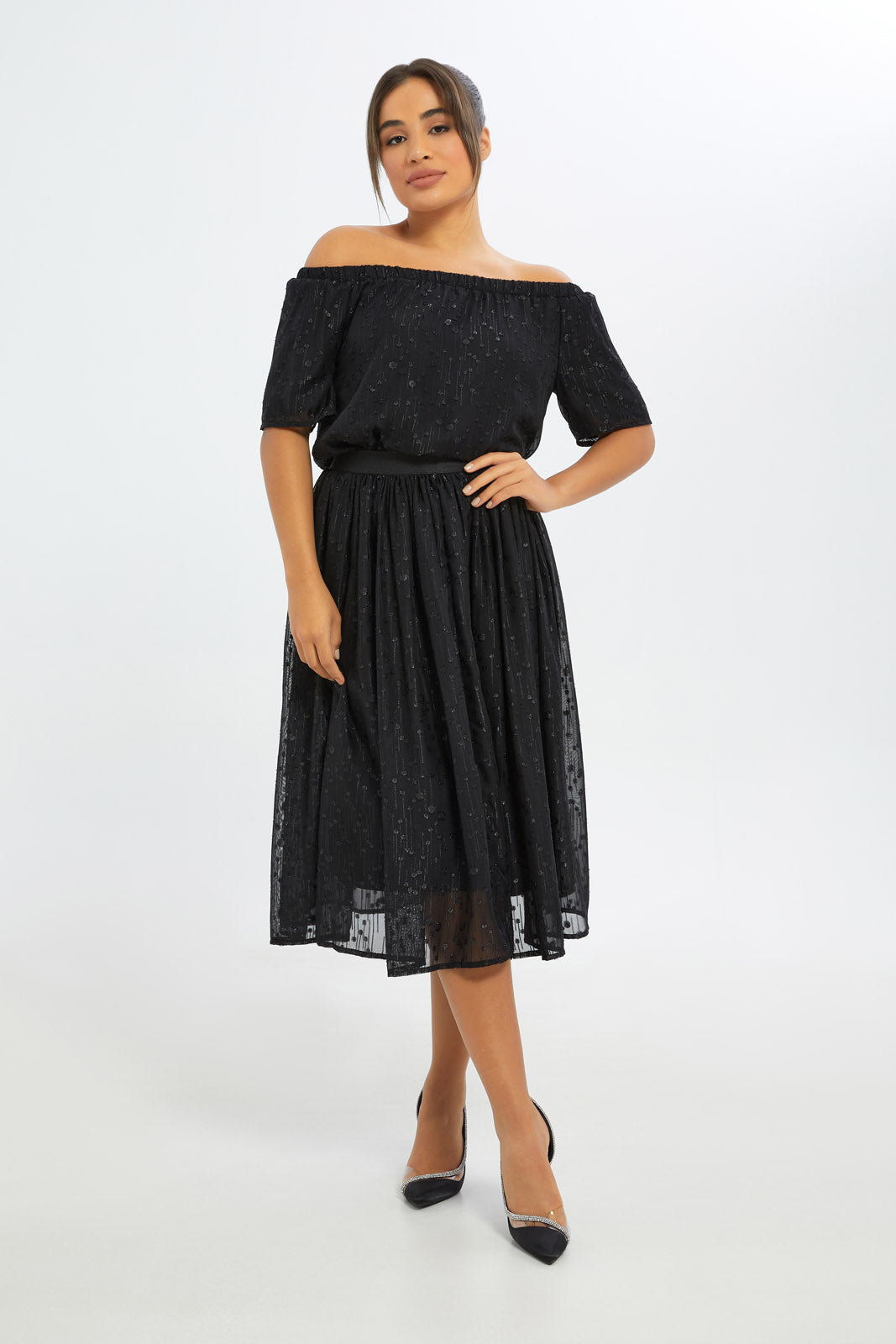 Redtag-Women-Black-Metallic-Bardot-Top-Category:Blouses,-Colour:Black,-Deals:New-In,-Event:RMD,-Filter:Women's-Clothing,-H1:LWR,-H2:LAD,-H3:BLO,-H4:CBL,-New-In-Women-APL,-Non-Sale,-Promo:RMD,-RMD,-S23C,-Season:S23C,-Section:Women,-Women-Blouses-Women's-