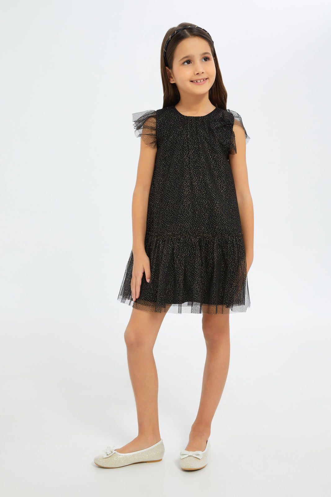 Redtag-Girls-Black-Mesh-Tiered-Dress-Category:Dresses,-Colour:Black,-Deals:New-In,-Filter:Girls-(2-to-8-Yrs),-GIR-Dresses,-H1:KWR,-H2:GIR,-H3:DRS,-H4:CAD,-New-In-GIR-APL,-Non-Sale,-RMD,-S23C,-Season:S23C,-Section:Girls-(0-to-14Yrs)-Girls-2 to 8 Years