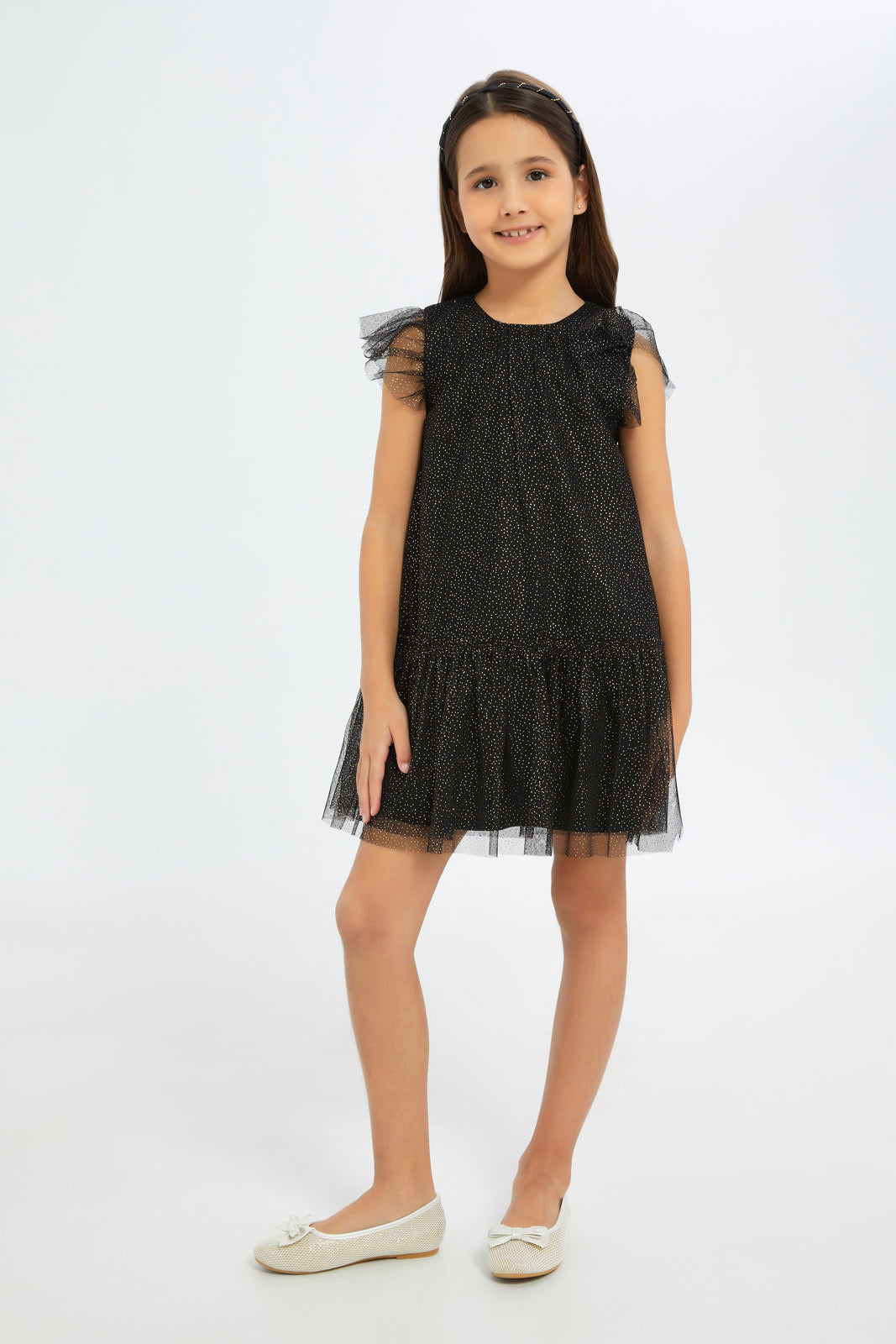 Redtag-Girls-Black-Mesh-Tiered-Dress-Category:Dresses,-Colour:Black,-Deals:New-In,-Filter:Girls-(2-to-8-Yrs),-GIR-Dresses,-H1:KWR,-H2:GIR,-H3:DRS,-H4:CAD,-New-In-GIR-APL,-Non-Sale,-RMD,-S23C,-Season:S23C,-Section:Girls-(0-to-14Yrs)-Girls-2 to 8 Years