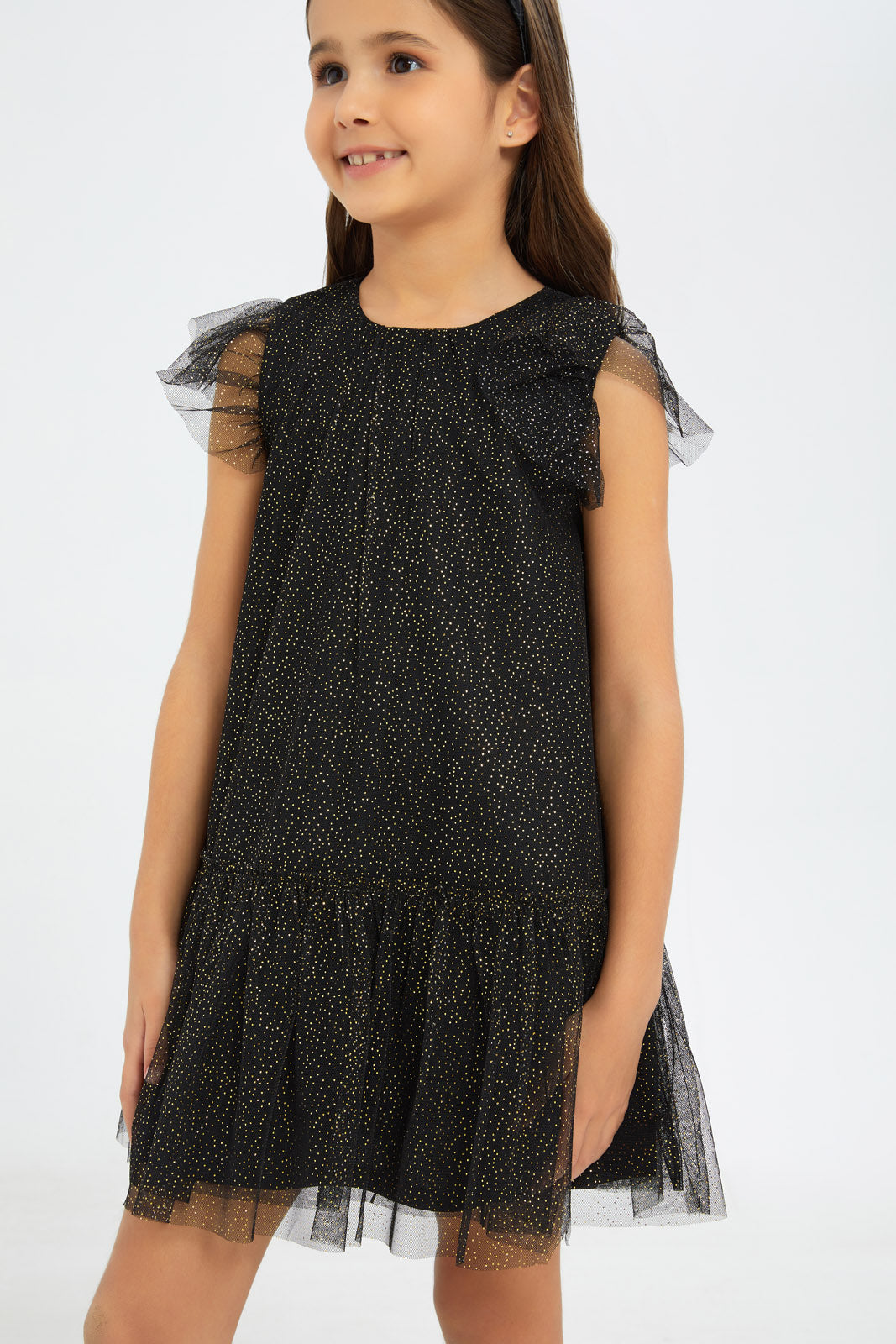 Redtag-Girls-Black-Mesh-Tiered-Dress-Category:Dresses,-Colour:Black,-Deals:New-In,-Filter:Girls-(2-to-8-Yrs),-GIR-Dresses,-H1:KWR,-H2:GIR,-H3:DRS,-H4:CAD,-New-In-GIR-APL,-Non-Sale,-RMD,-S23C,-Season:S23C,-Section:Girls-(0-to-14Yrs)-Girls-2 to 8 Years