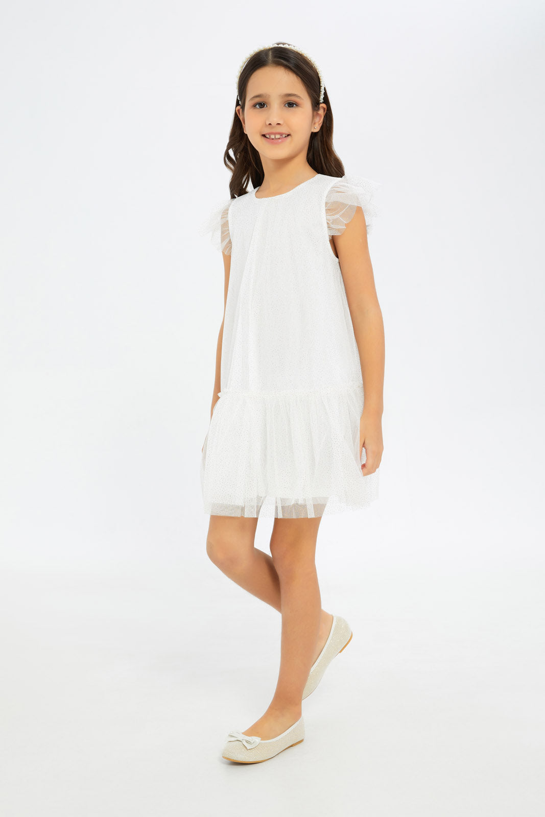Redtag-Girls-White-Mesh-Tiered-Dress-Category:Dresses,-Colour:White,-Deals:New-In,-Filter:Girls-(2-to-8-Yrs),-GIR-Dresses,-H1:KWR,-H2:GIR,-H3:DRS,-H4:CAD,-New-In-GIR-APL,-Non-Sale,-RMD,-S23C,-Season:S23C,-Section:Girls-(0-to-14Yrs)-Girls-2 to 8 Years