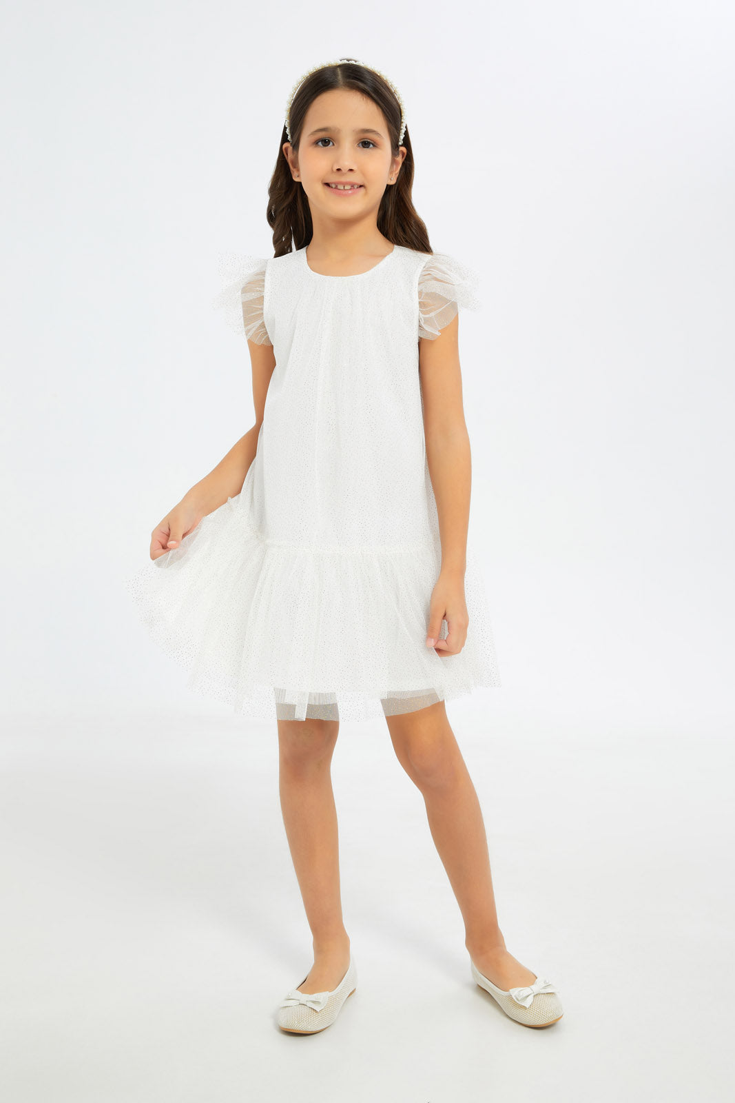 Redtag-Girls-White-Mesh-Tiered-Dress-Category:Dresses,-Colour:White,-Deals:New-In,-Filter:Girls-(2-to-8-Yrs),-GIR-Dresses,-H1:KWR,-H2:GIR,-H3:DRS,-H4:CAD,-New-In-GIR-APL,-Non-Sale,-RMD,-S23C,-Season:S23C,-Section:Girls-(0-to-14Yrs)-Girls-2 to 8 Years