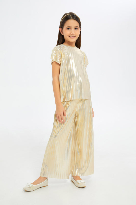 Redtag-Girls-Gold-Metallic-Pleated-Blouse-And-Pants-Set-Category:Sets,-Colour:Gold,-Deals:New-In,-Filter:Girls-(2-to-8-Yrs),-GIR-Sets,-H1:KWR,-H2:GIR,-H3:SET,-H4:CAE,-New-In-GIR-APL,-Non-Sale,-RMD,-S23C,-Season:S23C,-Section:Girls-(0-to-14Yrs)-Girls-2 to 8 Years