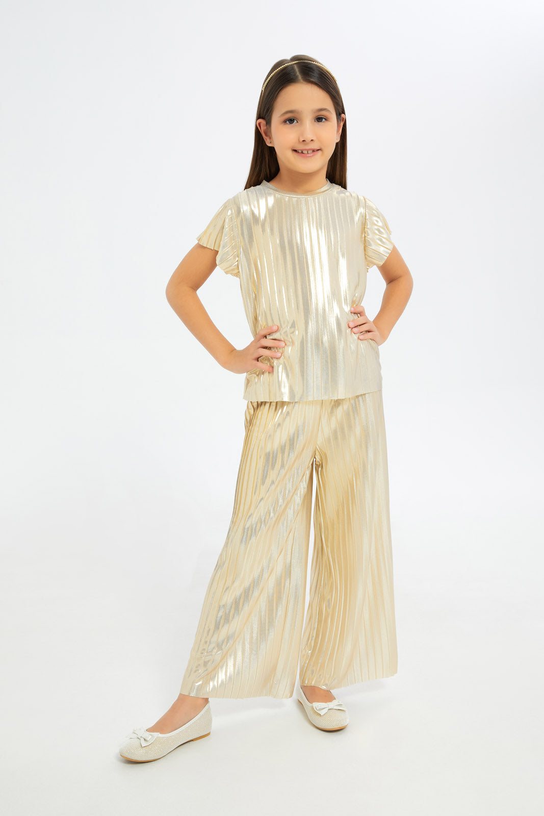 Redtag-Girls-Gold-Metallic-Pleated-Blouse-And-Pants-Set-Category:Sets,-Colour:Gold,-Deals:New-In,-Filter:Girls-(2-to-8-Yrs),-GIR-Sets,-H1:KWR,-H2:GIR,-H3:SET,-H4:CAE,-New-In-GIR-APL,-Non-Sale,-RMD,-S23C,-Season:S23C,-Section:Girls-(0-to-14Yrs)-Girls-2 to 8 Years