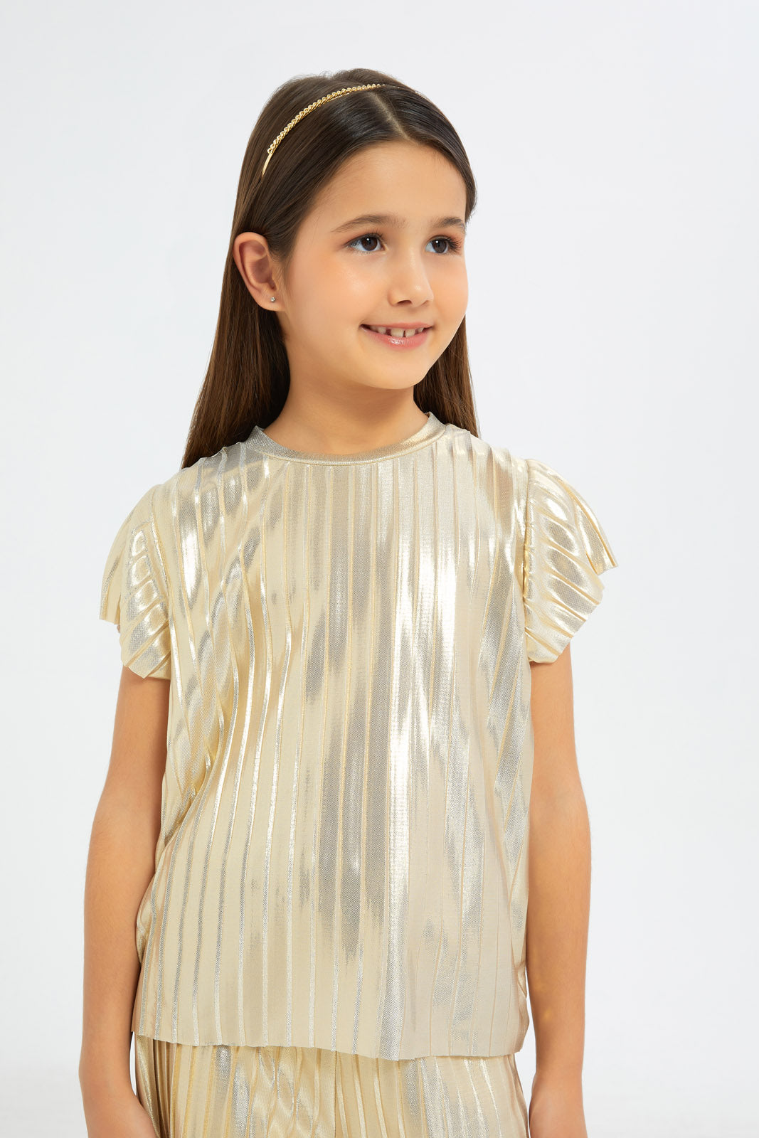 Redtag-Girls-Gold-Metallic-Pleated-Blouse-And-Pants-Set-Category:Sets,-Colour:Gold,-Deals:New-In,-Filter:Girls-(2-to-8-Yrs),-GIR-Sets,-H1:KWR,-H2:GIR,-H3:SET,-H4:CAE,-New-In-GIR-APL,-Non-Sale,-RMD,-S23C,-Season:S23C,-Section:Girls-(0-to-14Yrs)-Girls-2 to 8 Years