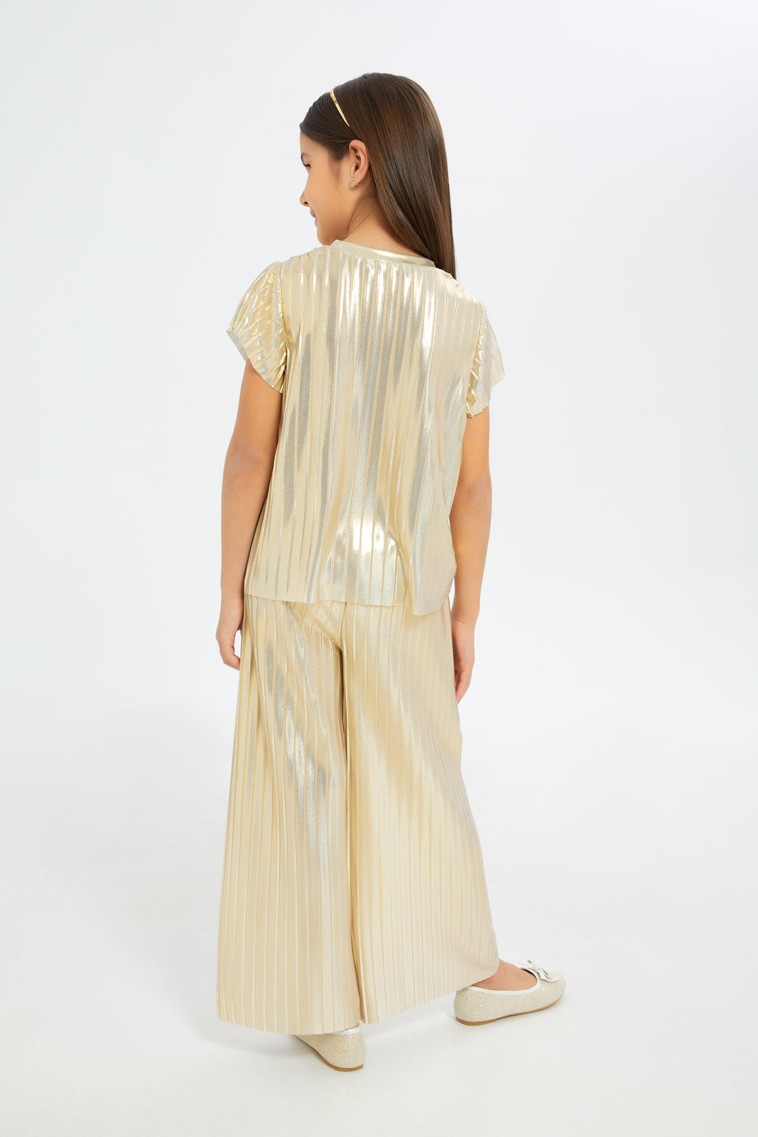 Redtag-Girls-Gold-Metallic-Pleated-Blouse-And-Pants-Set-Category:Sets,-Colour:Gold,-Deals:New-In,-Filter:Girls-(2-to-8-Yrs),-GIR-Sets,-H1:KWR,-H2:GIR,-H3:SET,-H4:CAE,-New-In-GIR-APL,-Non-Sale,-RMD,-S23C,-Season:S23C,-Section:Girls-(0-to-14Yrs)-Girls-2 to 8 Years