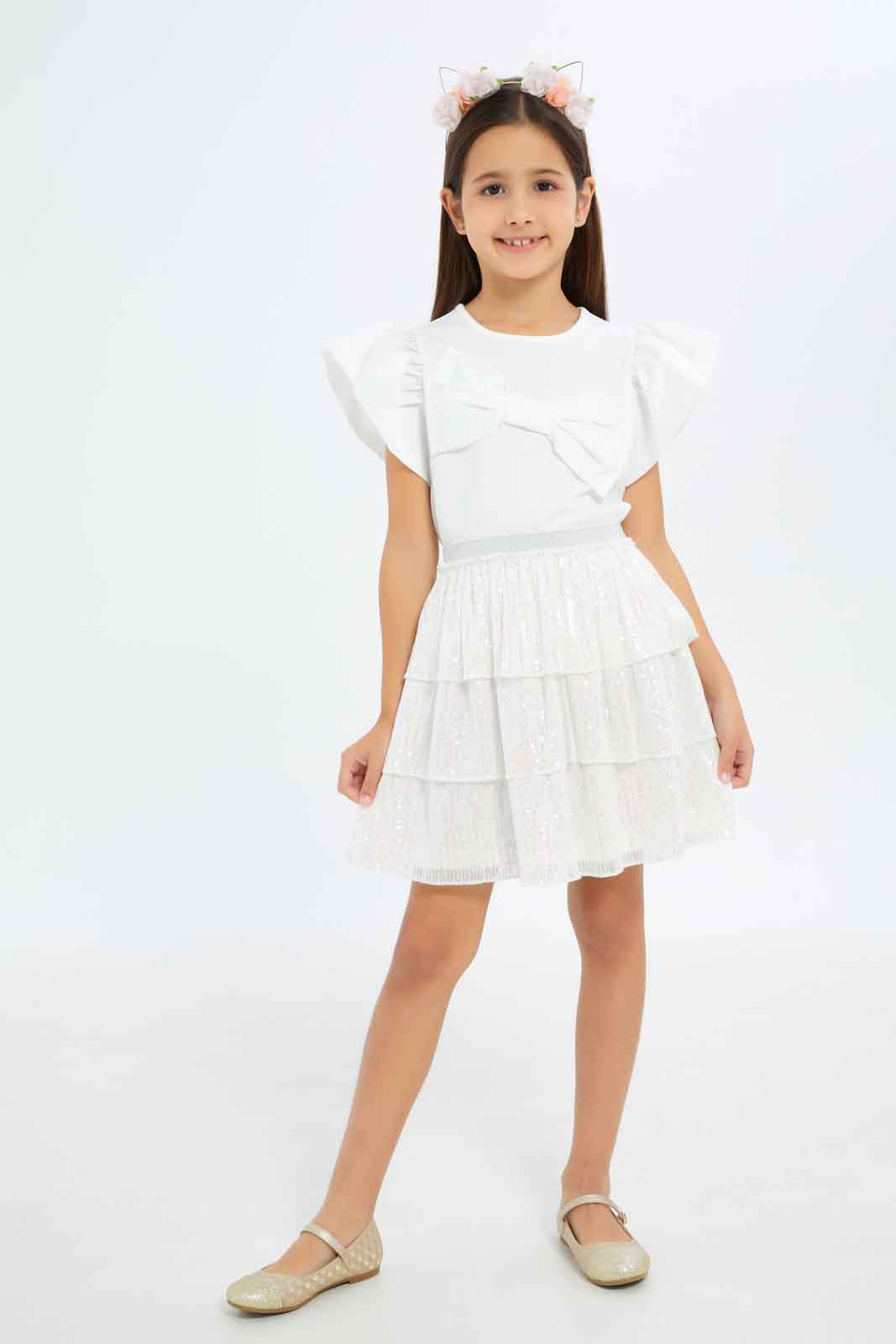 Redtag-Girls-White-Mesh-Sequin-Tiered-Skirt-With-Sliver-Glittered-Elasticated-Category:Skirts,-Colour:White,-Deals:New-In,-Filter:Girls-(2-to-8-Yrs),-GIR-Skirts,-New-In-GIR-APL,-Non-Sale,-RMD,-S23C,-Section:Girls-(0-to-14Yrs)-Girls-2 to 8 Years
