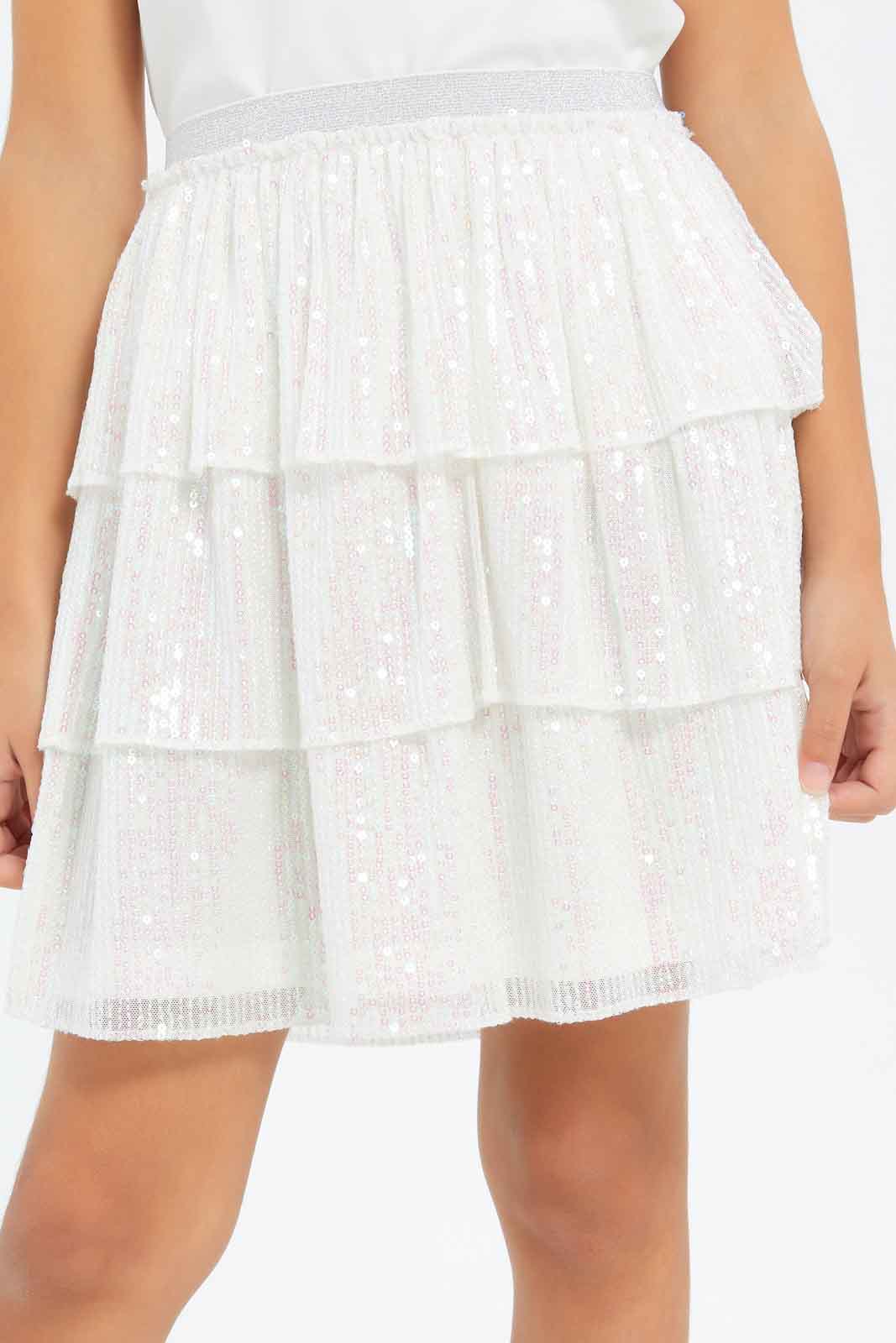 Redtag-Girls-White-Mesh-Sequin-Tiered-Skirt-With-Sliver-Glittered-Elasticated-Category:Skirts,-Colour:White,-Deals:New-In,-Filter:Girls-(2-to-8-Yrs),-GIR-Skirts,-New-In-GIR-APL,-Non-Sale,-RMD,-S23C,-Section:Girls-(0-to-14Yrs)-Girls-2 to 8 Years
