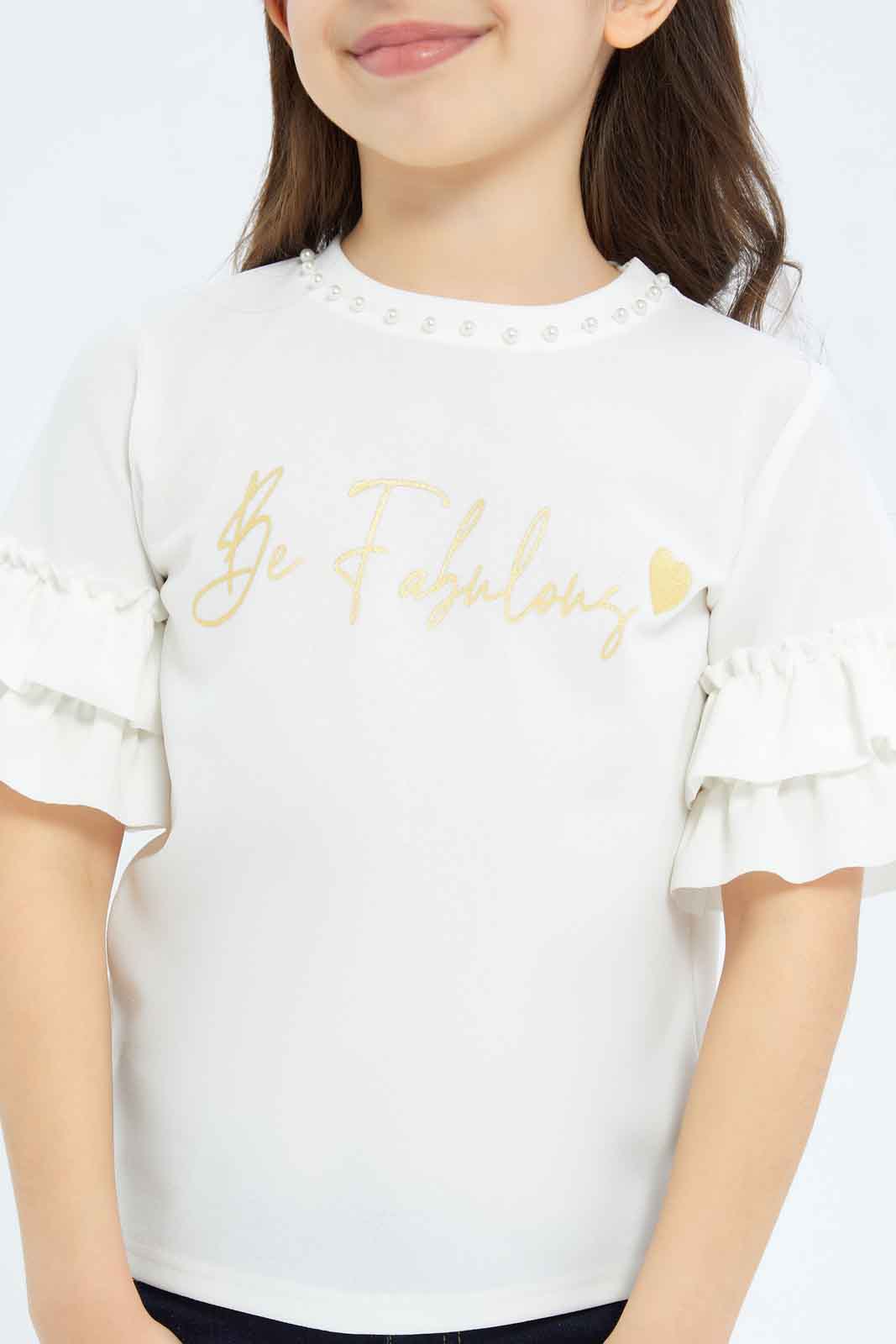 Redtag-Girls-White-"Be-Fabulous"-Placement-Print-Blouse-Category:Jackets,-Colour:White,-Deals:New-In,-Filter:Girls-(2-to-8-Yrs),-GIR-Jackets,-New-In-GIR-APL,-Non-Sale,-RMD,-S23C,-Section:Girls-(0-to-14Yrs)--