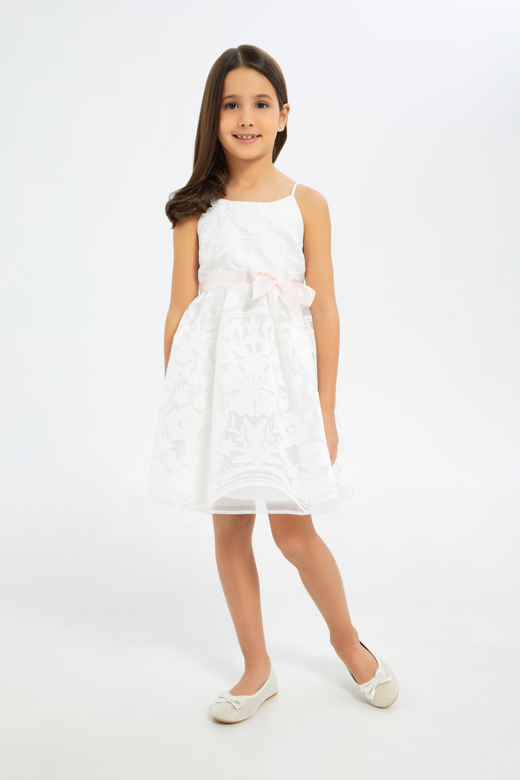 Redtag-Girls-White-Burnout-Strappy-Dress-With-Ribbon-Category:Dresses,-Colour:White,-Deals:New-In,-Filter:Girls-(2-to-8-Yrs),-GIR-Dresses,-H1:KWR,-H2:GIR,-H3:DRS,-H4:CAD,-New-In-GIR-APL,-Non-Sale,-RMD,-S23C,-Season:S23C,-Section:Girls-(0-to-14Yrs)-Girls-2 to 8 Years