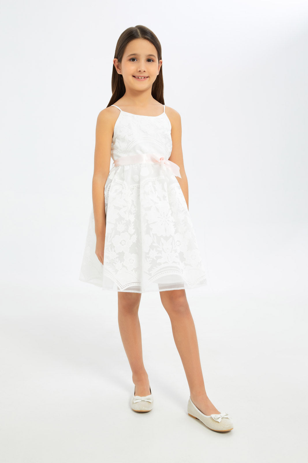 Redtag-Girls-White-Burnout-Strappy-Dress-With-Ribbon-Category:Dresses,-Colour:White,-Deals:New-In,-Filter:Girls-(2-to-8-Yrs),-GIR-Dresses,-H1:KWR,-H2:GIR,-H3:DRS,-H4:CAD,-New-In-GIR-APL,-Non-Sale,-RMD,-S23C,-Season:S23C,-Section:Girls-(0-to-14Yrs)-Girls-2 to 8 Years