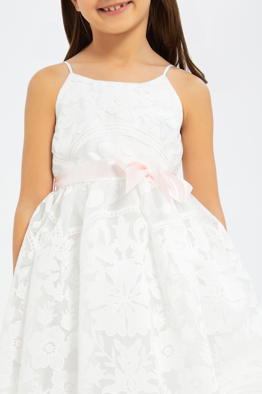 Redtag-Girls-White-Burnout-Strappy-Dress-With-Ribbon-Category:Dresses,-Colour:White,-Deals:New-In,-Filter:Girls-(2-to-8-Yrs),-GIR-Dresses,-H1:KWR,-H2:GIR,-H3:DRS,-H4:CAD,-New-In-GIR-APL,-Non-Sale,-RMD,-S23C,-Season:S23C,-Section:Girls-(0-to-14Yrs)-Girls-2 to 8 Years