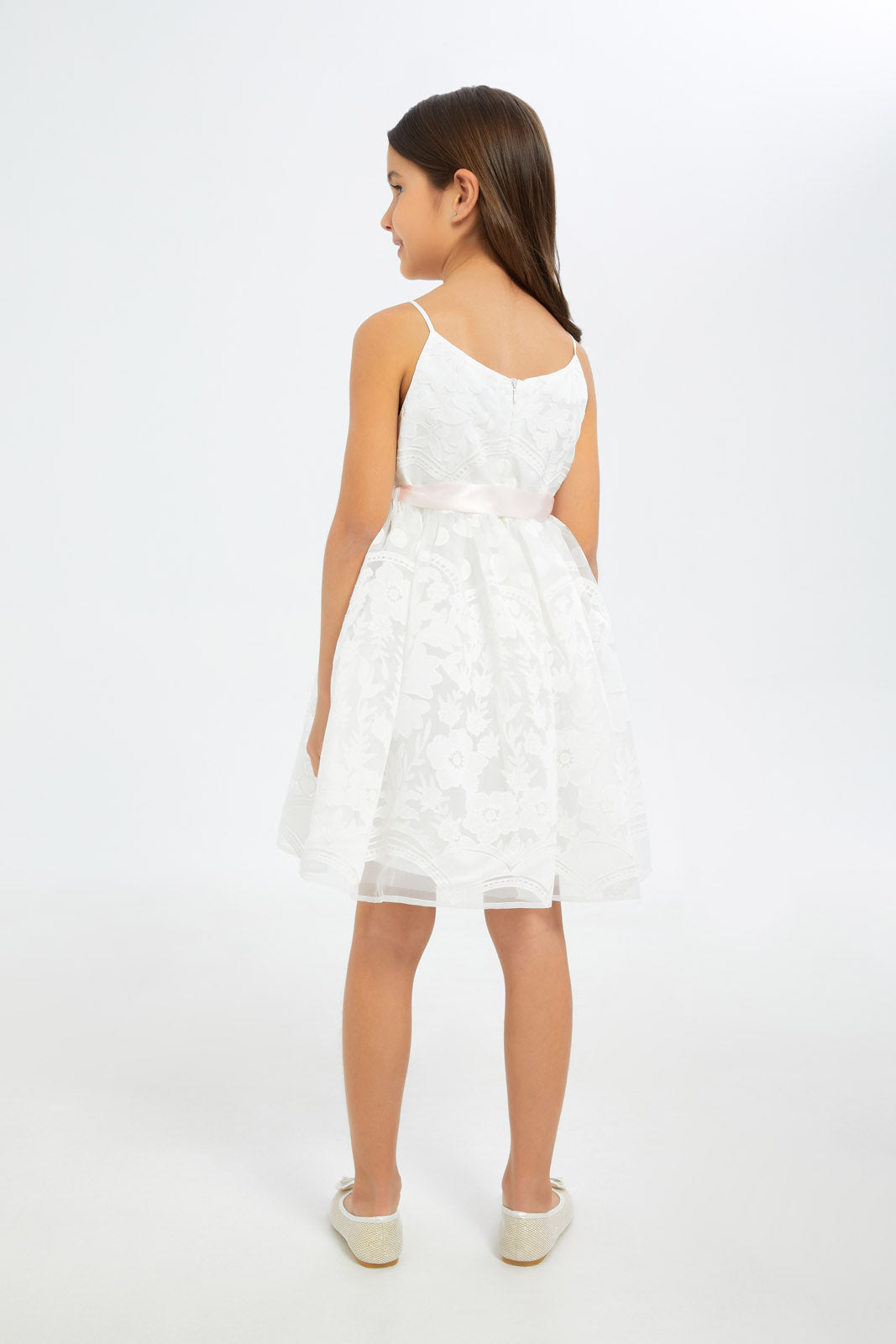 Redtag-Girls-White-Burnout-Strappy-Dress-With-Ribbon-Category:Dresses,-Colour:White,-Deals:New-In,-Filter:Girls-(2-to-8-Yrs),-GIR-Dresses,-H1:KWR,-H2:GIR,-H3:DRS,-H4:CAD,-New-In-GIR-APL,-Non-Sale,-RMD,-S23C,-Season:S23C,-Section:Girls-(0-to-14Yrs)-Girls-2 to 8 Years