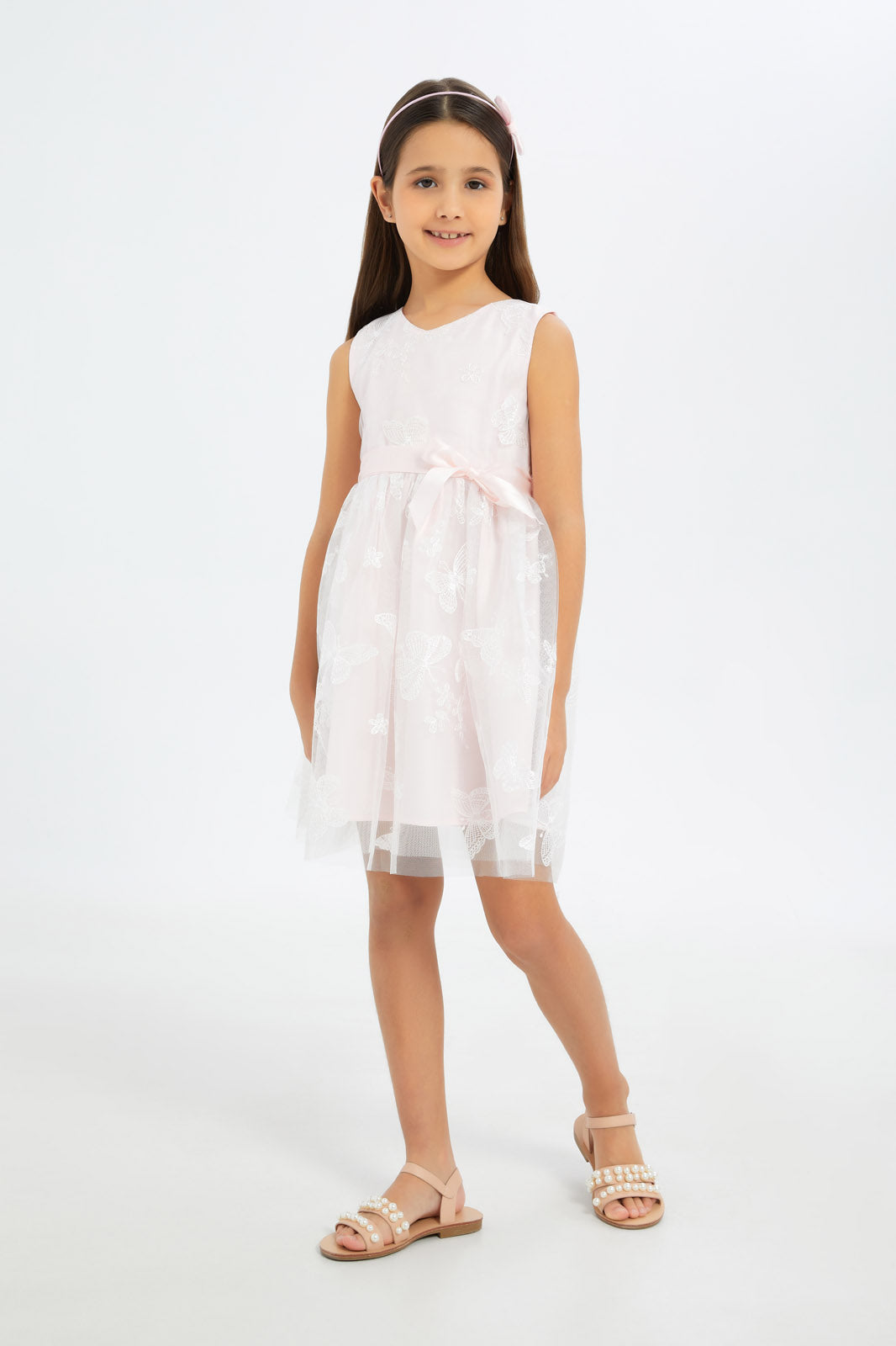 Redtag-Girls-Cream-Butterfly-Embroidered-Mesh-Dress-With-Ribbon-Category:Dresses,-Colour:Cream,-Deals:New-In,-Filter:Girls-(2-to-8-Yrs),-GIR-Dresses,-H1:KWR,-H2:GIR,-H3:DRS,-H4:CAD,-New-In-GIR-APL,-Non-Sale,-RMD,-S23C,-Season:S23C,-Section:Girls-(0-to-14Yrs)-Girls-2 to 8 Years
