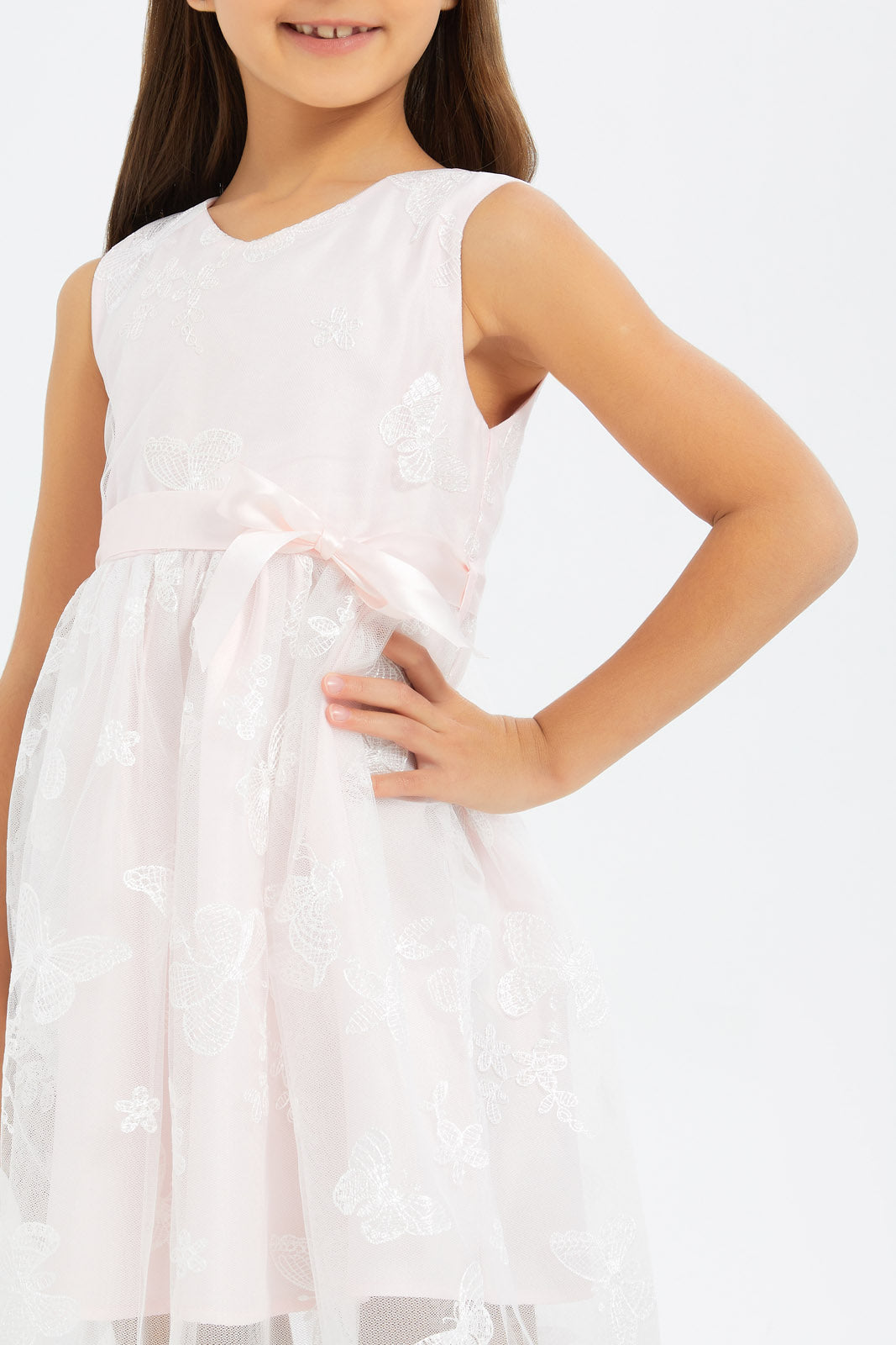 Redtag-Girls-Cream-Butterfly-Embroidered-Mesh-Dress-With-Ribbon-Category:Dresses,-Colour:Cream,-Deals:New-In,-Filter:Girls-(2-to-8-Yrs),-GIR-Dresses,-H1:KWR,-H2:GIR,-H3:DRS,-H4:CAD,-New-In-GIR-APL,-Non-Sale,-RMD,-S23C,-Season:S23C,-Section:Girls-(0-to-14Yrs)-Girls-2 to 8 Years