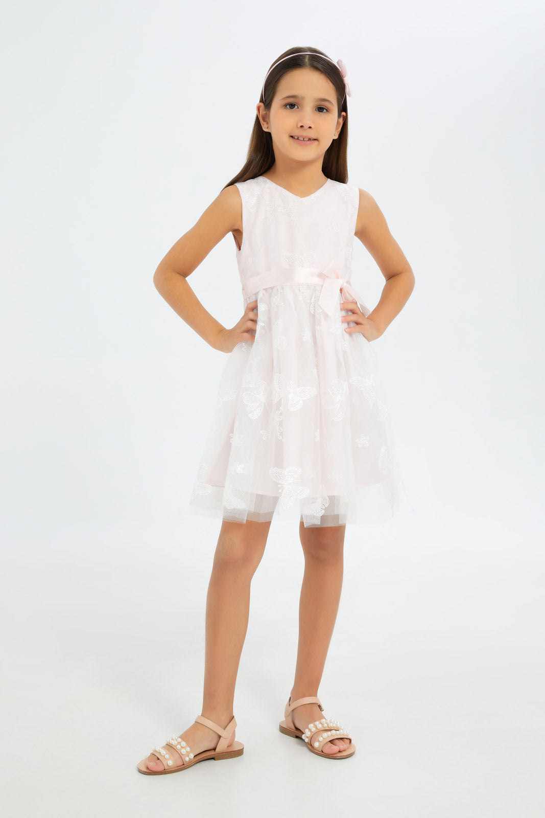 Redtag-Girls-Cream-Butterfly-Embroidered-Mesh-Dress-With-Ribbon-Category:Dresses,-Colour:Cream,-Deals:New-In,-Filter:Girls-(2-to-8-Yrs),-GIR-Dresses,-H1:KWR,-H2:GIR,-H3:DRS,-H4:CAD,-New-In-GIR-APL,-Non-Sale,-RMD,-S23C,-Season:S23C,-Section:Girls-(0-to-14Yrs)-Girls-2 to 8 Years