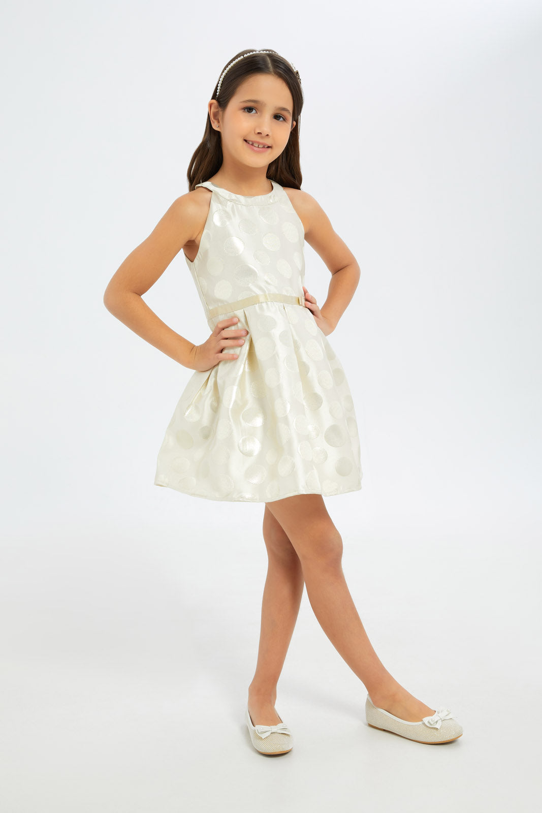 Redtag-Girls-Ivory-Jacquard-Dress-With-Bow-Tie-Category:Dresses,-Colour:Ivory,-Deals:New-In,-Filter:Girls-(2-to-8-Yrs),-GIR-Dresses,-H1:KWR,-H2:GIR,-H3:DRS,-H4:CAD,-New-In-GIR-APL,-Non-Sale,-RMD,-S23C,-Season:S23C,-Section:Girls-(0-to-14Yrs)-Girls-2 to 8 Years