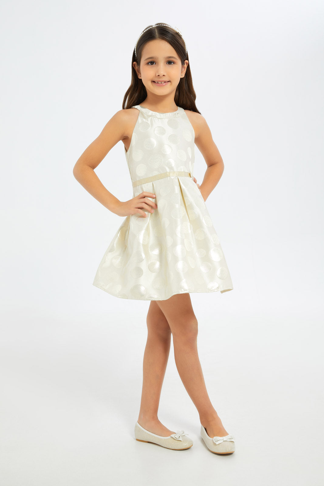 Redtag-Girls-Ivory-Jacquard-Dress-With-Bow-Tie-Category:Dresses,-Colour:Ivory,-Deals:New-In,-Filter:Girls-(2-to-8-Yrs),-GIR-Dresses,-H1:KWR,-H2:GIR,-H3:DRS,-H4:CAD,-New-In-GIR-APL,-Non-Sale,-RMD,-S23C,-Season:S23C,-Section:Girls-(0-to-14Yrs)-Girls-2 to 8 Years