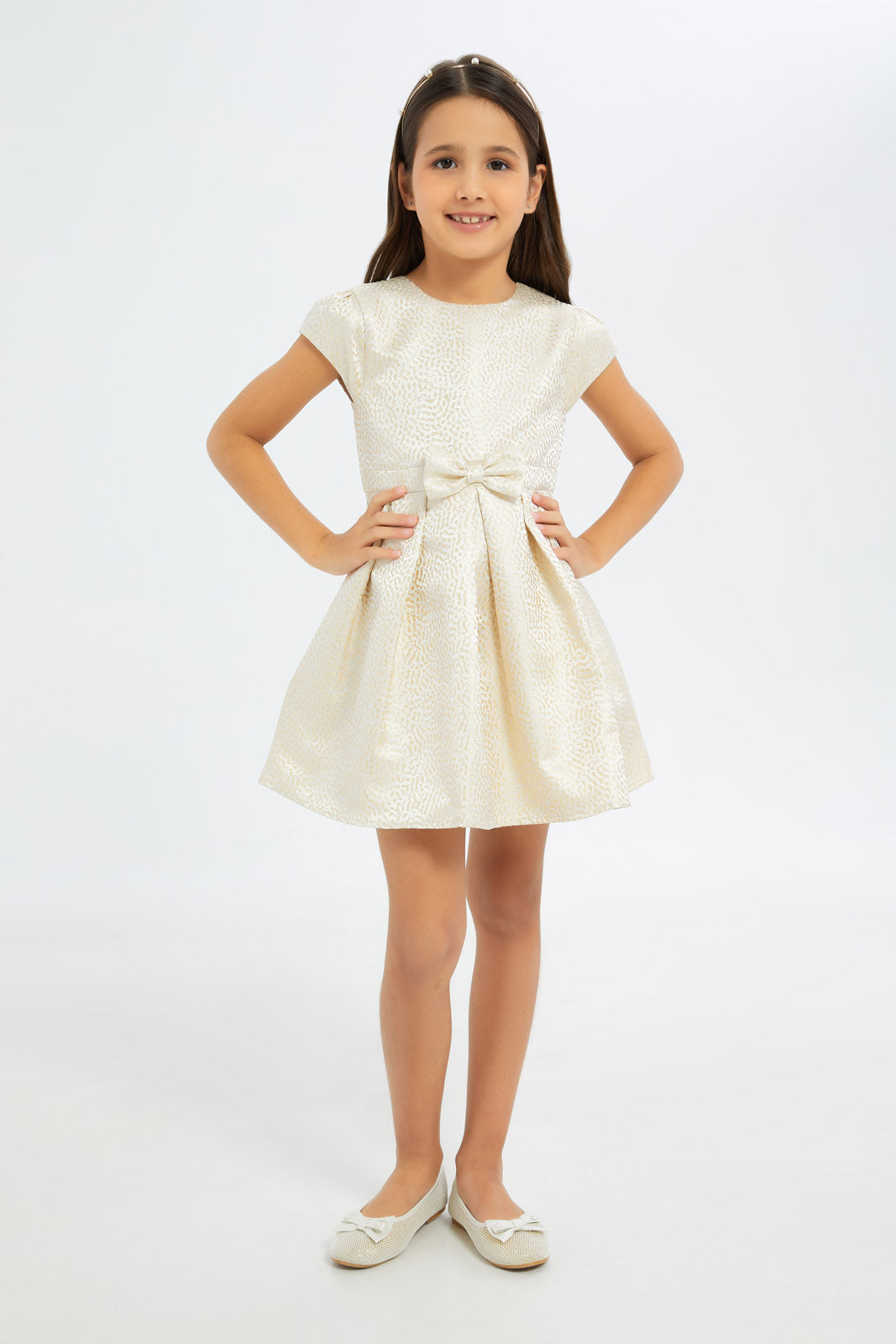 Redtag-Girls-Gold-Polka-Dot-Allover-Print-Jacquard-Dress-Category:Dresses,-Colour:Gold,-Deals:New-In,-Filter:Girls-(2-to-8-Yrs),-GIR-Dresses,-H1:KWR,-H2:GIR,-H3:DRS,-H4:CAD,-New-In-GIR-APL,-Non-Sale,-RMD,-S23C,-Season:S23C,-Section:Girls-(0-to-14Yrs)-Girls-2 to 8 Years