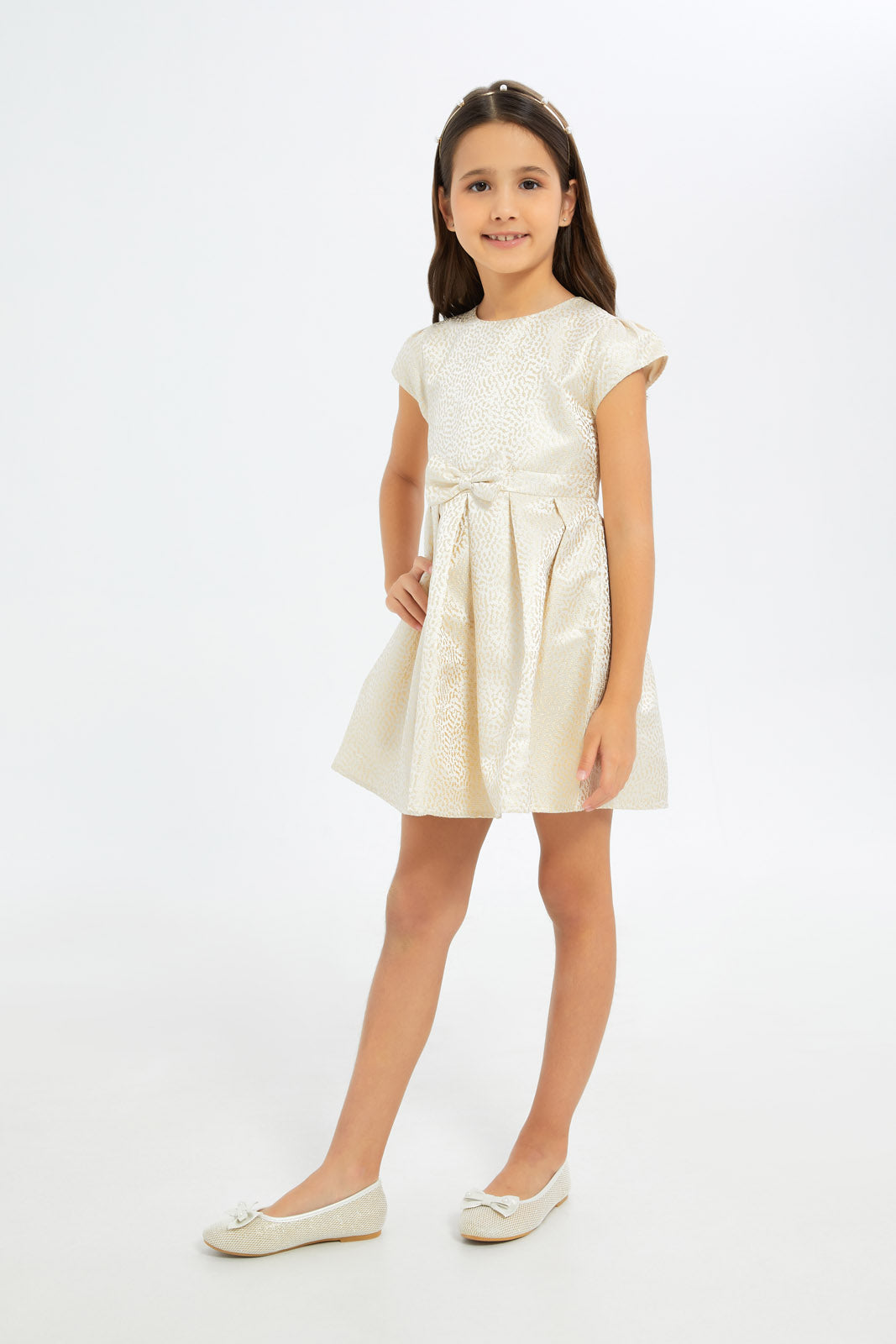 Redtag-Girls-Gold-Polka-Dot-Allover-Print-Jacquard-Dress-Category:Dresses,-Colour:Gold,-Deals:New-In,-Filter:Girls-(2-to-8-Yrs),-GIR-Dresses,-H1:KWR,-H2:GIR,-H3:DRS,-H4:CAD,-New-In-GIR-APL,-Non-Sale,-RMD,-S23C,-Season:S23C,-Section:Girls-(0-to-14Yrs)-Girls-2 to 8 Years