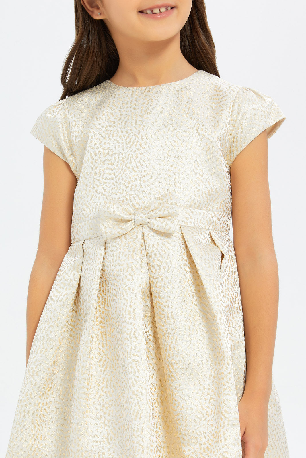 Redtag-Girls-Gold-Polka-Dot-Allover-Print-Jacquard-Dress-Category:Dresses,-Colour:Gold,-Deals:New-In,-Filter:Girls-(2-to-8-Yrs),-GIR-Dresses,-H1:KWR,-H2:GIR,-H3:DRS,-H4:CAD,-New-In-GIR-APL,-Non-Sale,-RMD,-S23C,-Season:S23C,-Section:Girls-(0-to-14Yrs)-Girls-2 to 8 Years