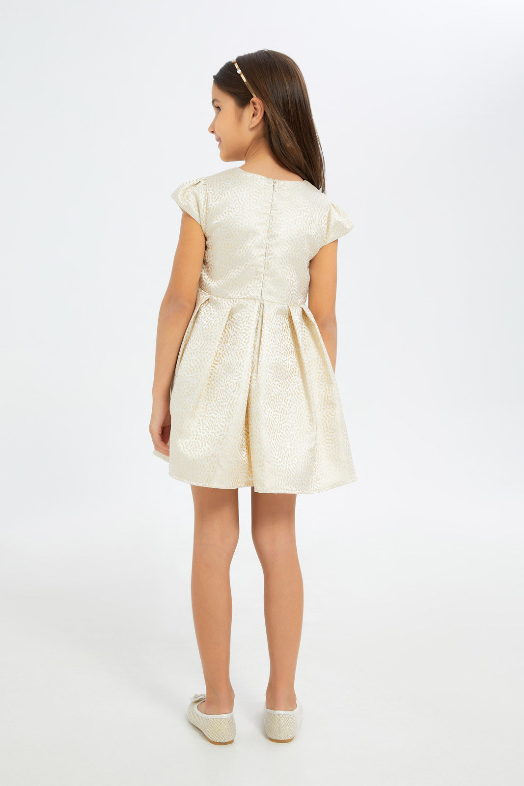 Redtag-Girls-Gold-Polka-Dot-Allover-Print-Jacquard-Dress-Category:Dresses,-Colour:Gold,-Deals:New-In,-Filter:Girls-(2-to-8-Yrs),-GIR-Dresses,-H1:KWR,-H2:GIR,-H3:DRS,-H4:CAD,-New-In-GIR-APL,-Non-Sale,-RMD,-S23C,-Season:S23C,-Section:Girls-(0-to-14Yrs)-Girls-2 to 8 Years