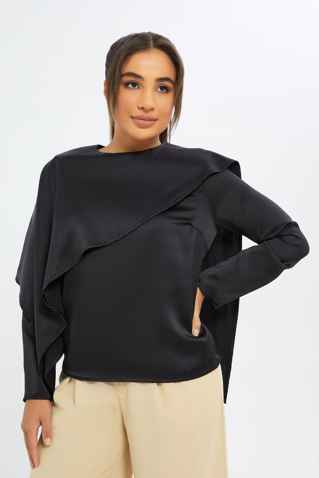 Redtag-Women-Black-Asym-Frill-Blouse-Category:Blouses,-Colour:Black,-Deals:New-In,-Event:RMD,-Filter:Women's-Clothing,-H1:LWR,-H2:LAD,-H3:BLO,-H4:CBL,-New-In-Women-APL,-Non-Sale,-Promo:RMD,-RMD,-S23C,-Season:S23C,-Section:Women,-Women-Blouses-Women's-