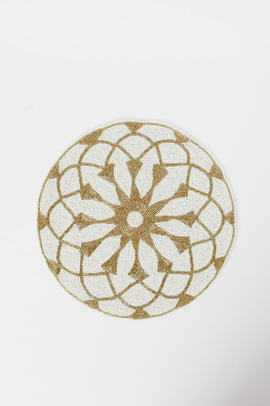 Redtag-Gold-/-White-Round-Beaded-Embroidered-'Placemat-Category:Placemats-&-Coasters,-Colour:Assorted,-Deals:New-In,-Filter:Home-Dining,-H1:HMW,-H2:DIN,-H3:KIS,-H4:MAC,-HMW-DIN-Kitchen-Accessories,-New-In-HMW-DIN,-Non-Sale,-S23B,-Season:S23B,-Section:Homewares-Home-Dining-