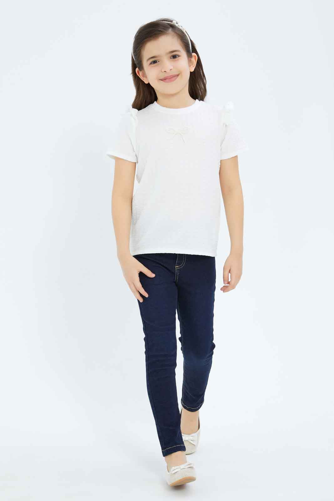 Redtag-Girls-White-Textured-Top-With-Attached-Ribbon-On-Chest-Category:Jackets,-Colour:White,-Deals:New-In,-Filter:Girls-(2-to-8-Yrs),-GIR-Jackets,-New-In-GIR-APL,-Non-Sale,-RMD,-S23C,-Section:Girls-(0-to-14Yrs)--