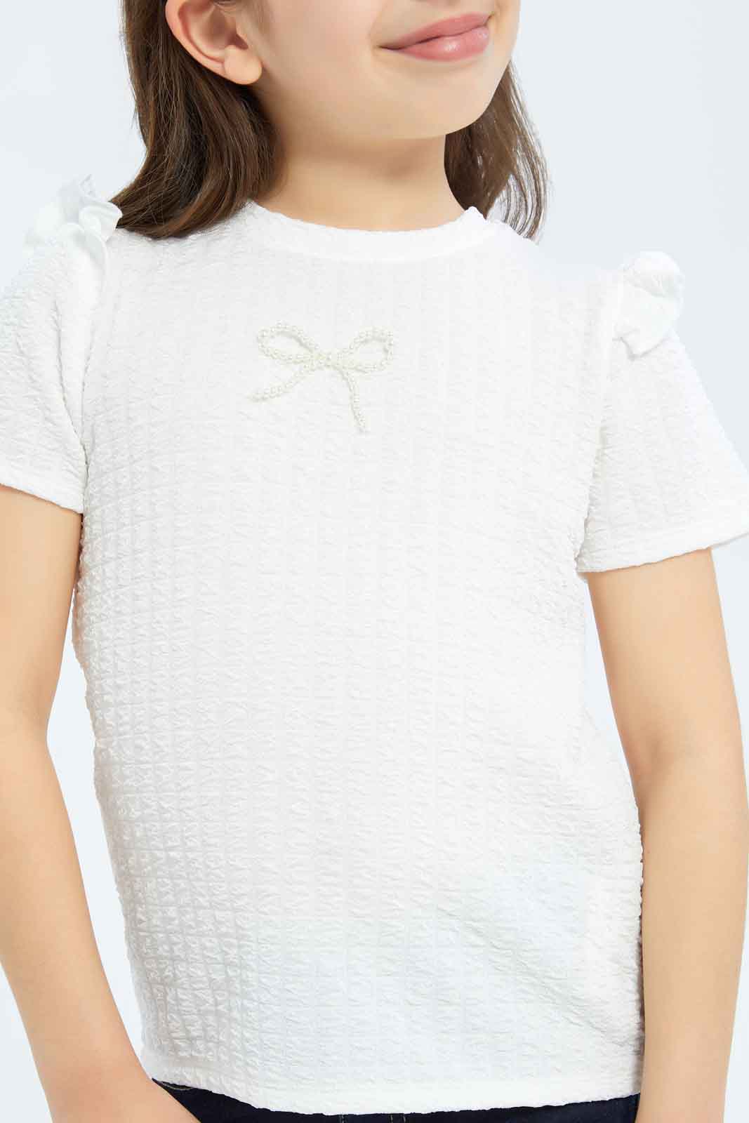 Redtag-Girls-White-Textured-Top-With-Attached-Ribbon-On-Chest-Category:Jackets,-Colour:White,-Deals:New-In,-Filter:Girls-(2-to-8-Yrs),-GIR-Jackets,-New-In-GIR-APL,-Non-Sale,-RMD,-S23C,-Section:Girls-(0-to-14Yrs)--