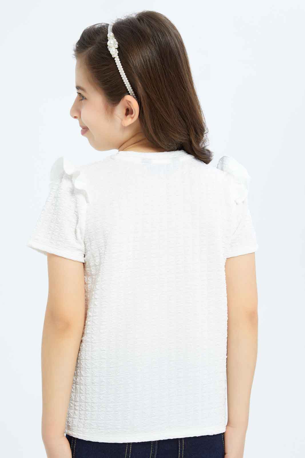 Redtag-Girls-White-Textured-Top-With-Attached-Ribbon-On-Chest-Category:Jackets,-Colour:White,-Deals:New-In,-Filter:Girls-(2-to-8-Yrs),-GIR-Jackets,-New-In-GIR-APL,-Non-Sale,-RMD,-S23C,-Section:Girls-(0-to-14Yrs)--
