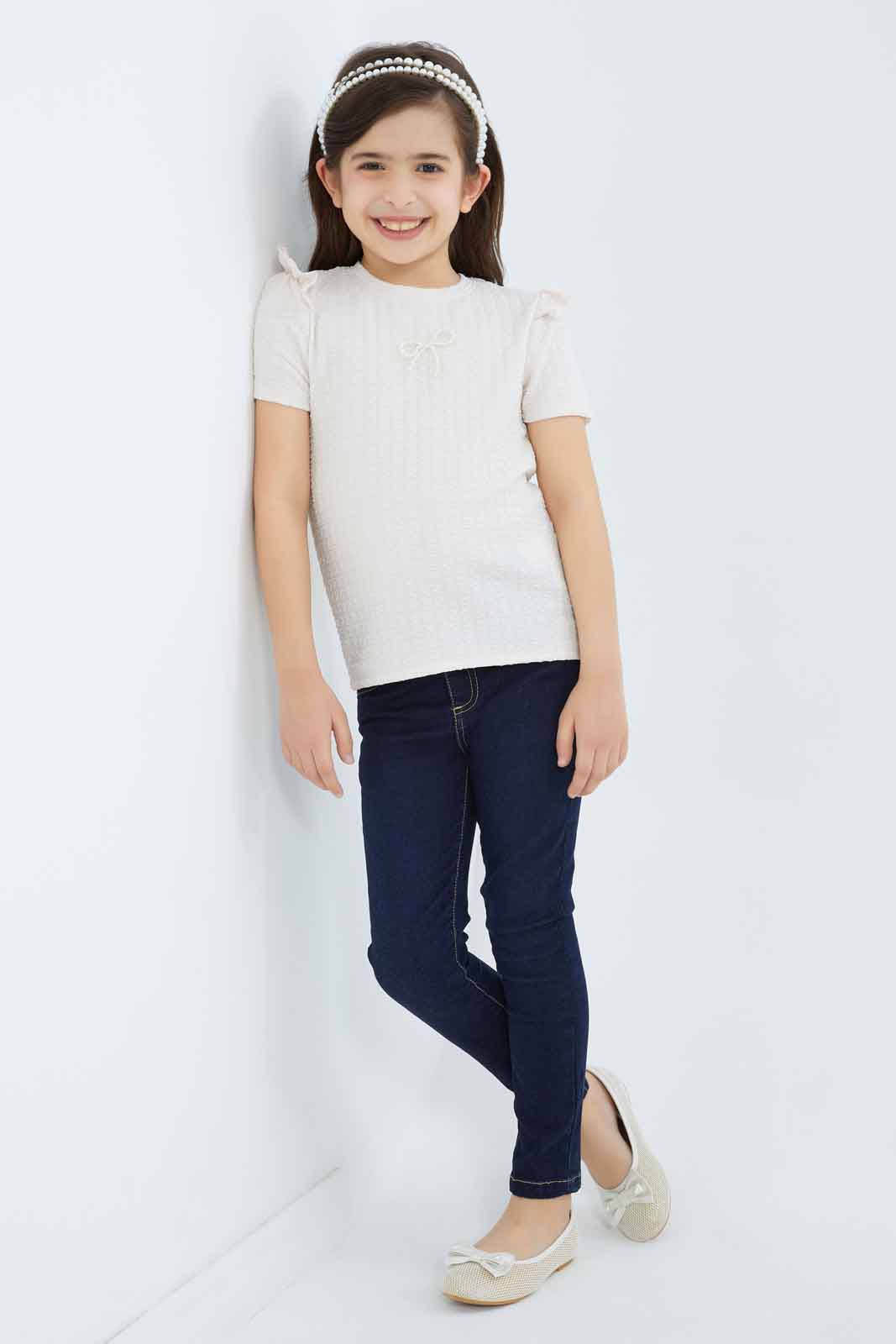 Redtag-Girls-Peach-Textured-Top-With-Attached-Ribbon-On-Chest-Category:Jackets,-Colour:Apricot,-Deals:New-In,-Filter:Girls-(2-to-8-Yrs),-GIR-Jackets,-New-In-GIR-APL,-Non-Sale,-RMD,-S23C,-Section:Girls-(0-to-14Yrs)--