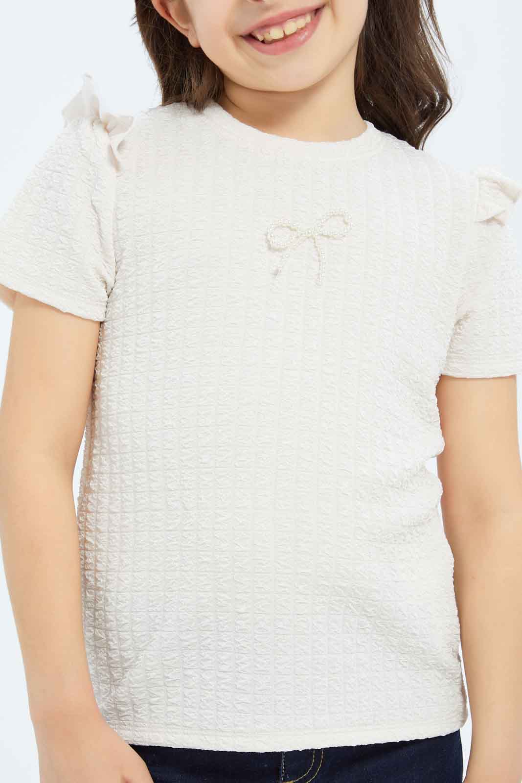 Redtag-Girls-Peach-Textured-Top-With-Attached-Ribbon-On-Chest-Category:Jackets,-Colour:Apricot,-Deals:New-In,-Filter:Girls-(2-to-8-Yrs),-GIR-Jackets,-New-In-GIR-APL,-Non-Sale,-RMD,-S23C,-Section:Girls-(0-to-14Yrs)--