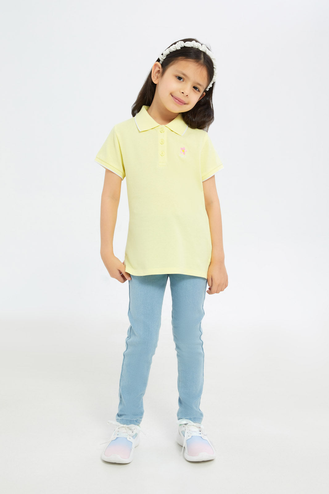 Redtag-Girls-Yellow-Solid-With-Embroidered-Polo-Shirt-Category:T-Shirts,-Colour:Yellow,-Deals:New-In,-Filter:Girls-(2-to-8-Yrs),-GIR-T-Shirts,-H1:KWR,-H2:GIR,-H3:TSH,-H4:CAT,-New-In-GIR-APL,-Non-Sale,-Promo:TBL,-S23C,-Season:S23C,-Section:Girls-(0-to-14Yrs),-TBL-Girls-2 to 8 Years