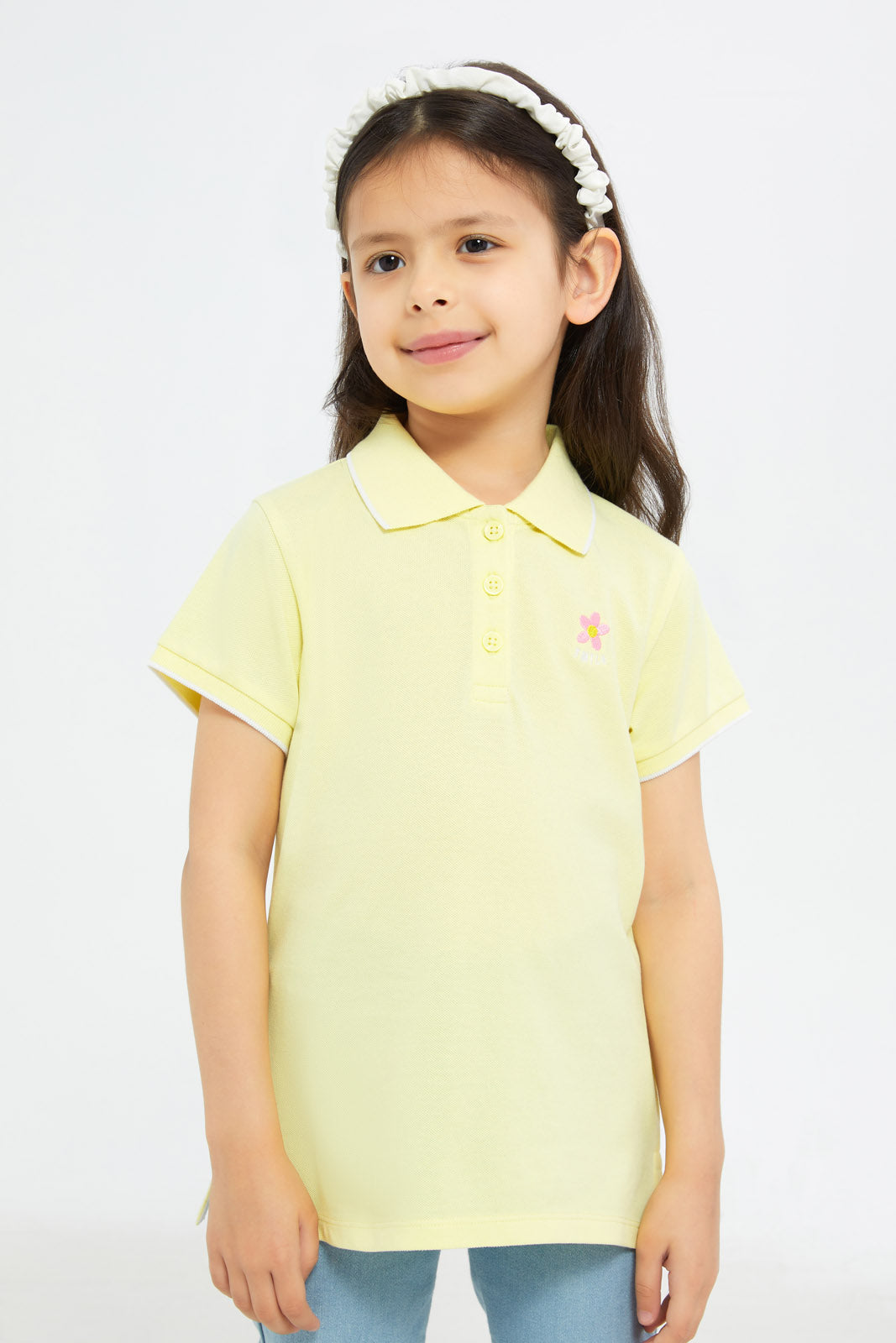 Redtag-Girls-Yellow-Solid-With-Embroidered-Polo-Shirt-Category:T-Shirts,-Colour:Yellow,-Deals:New-In,-Filter:Girls-(2-to-8-Yrs),-GIR-T-Shirts,-H1:KWR,-H2:GIR,-H3:TSH,-H4:CAT,-New-In-GIR-APL,-Non-Sale,-Promo:TBL,-S23C,-Season:S23C,-Section:Girls-(0-to-14Yrs),-TBL-Girls-2 to 8 Years