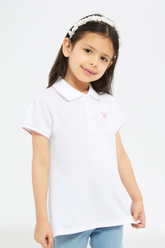 Redtag-Girls-White-Solid-With-Embroidered-Polo-Shirt-Category:T-Shirts,-Colour:White,-Deals:New-In,-Filter:Girls-(2-to-8-Yrs),-GIR-T-Shirts,-H1:KWR,-H2:GIR,-H3:TSH,-H4:CAT,-New-In-GIR-APL,-Non-Sale,-Promo:TBL,-S23C,-Season:S23C,-Section:Girls-(0-to-14Yrs),-TBL-Girls-2 to 8 Years