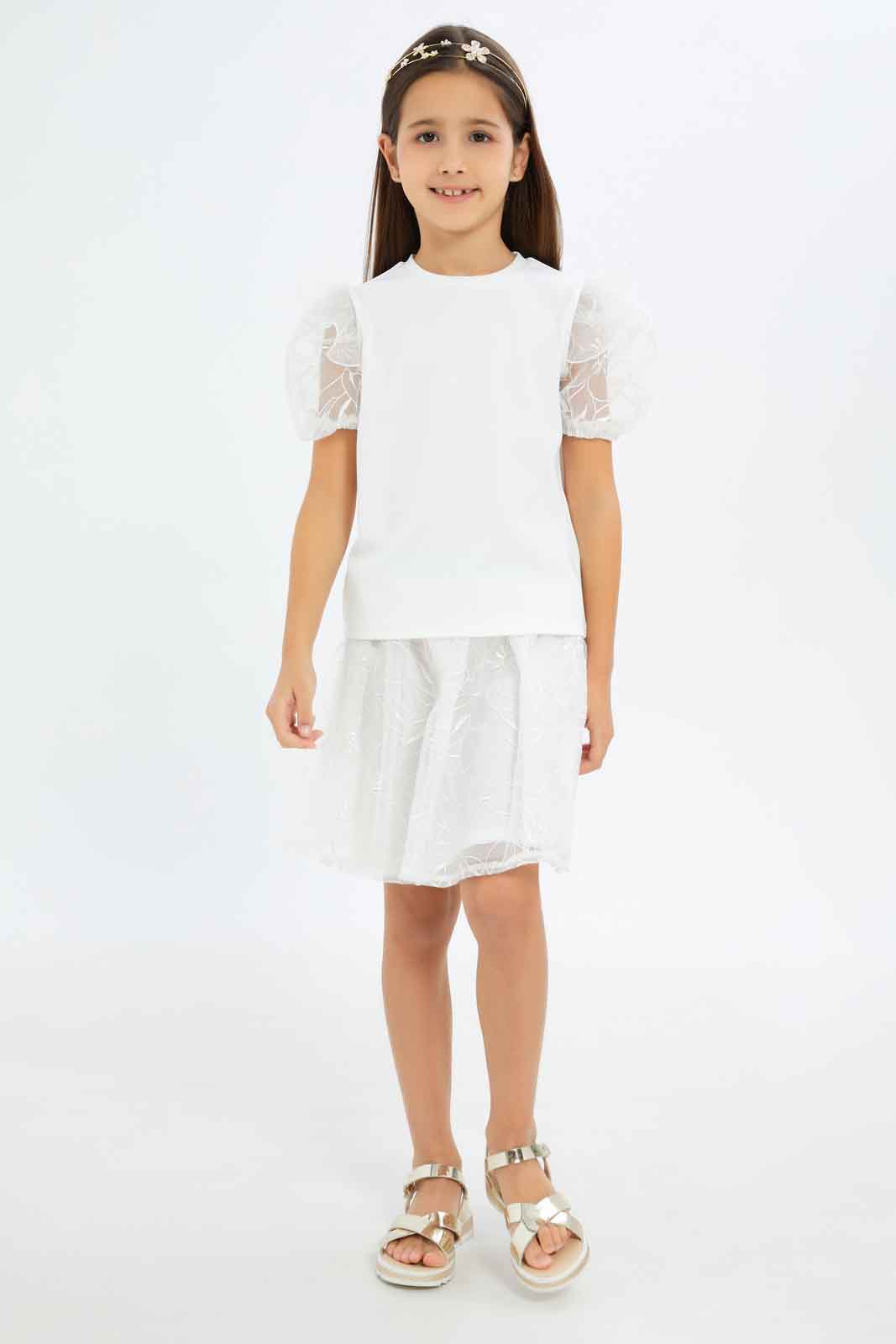 Redtag-Girls-White-Embroidered-Tshirt-And-Skirt-Set-Category:Sets,-Colour:White,-Deals:New-In,-Filter:Girls-(2-to-8-Yrs),-GIR-Sets,-New-In-GIR-APL,-Non-Sale,-RMD,-S23C,-Section:Girls-(0-to-14Yrs)-Girls-2 to 8 Years