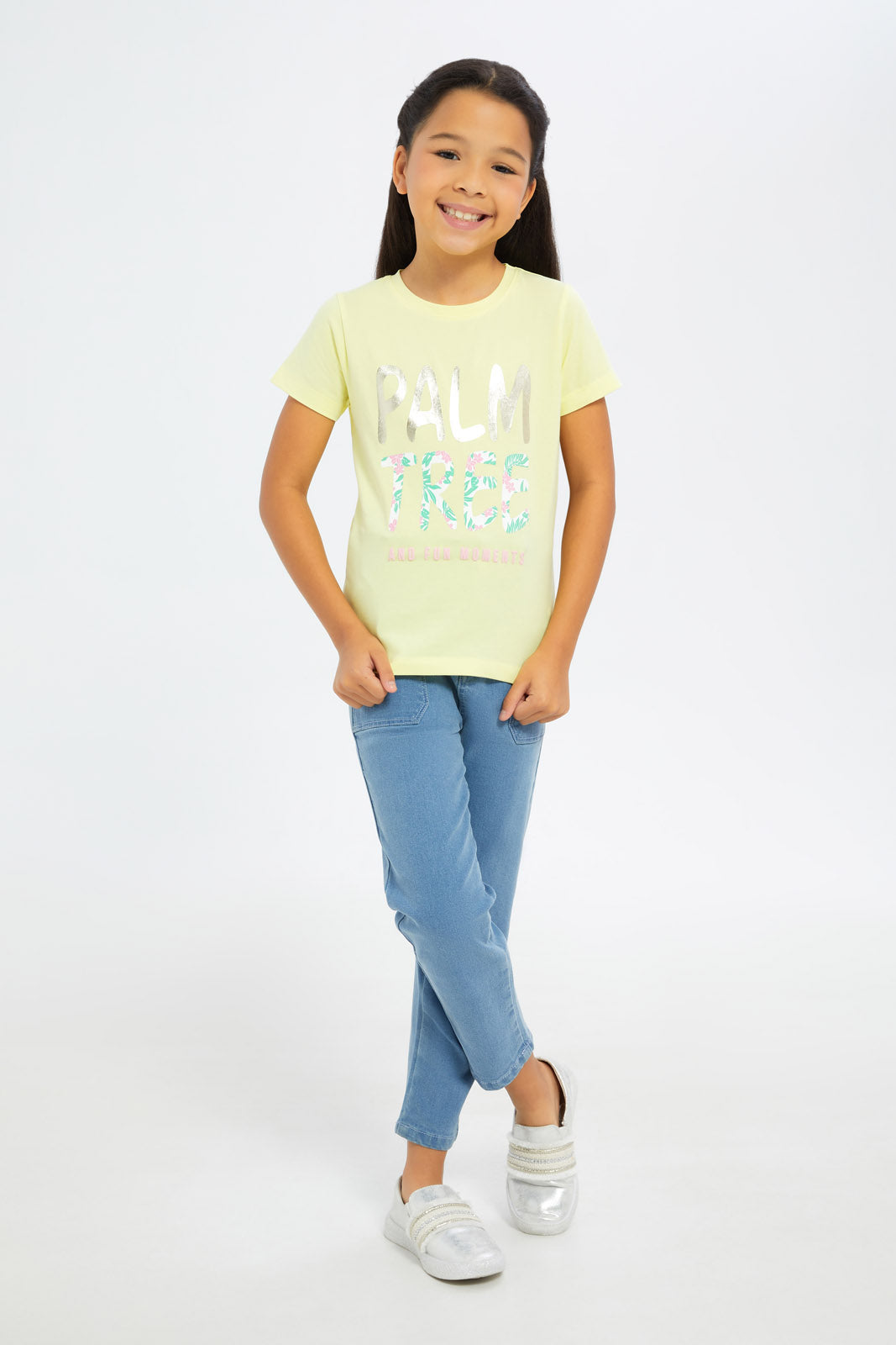 Redtag-Girls-Yellow-"Palm-Tree"-Foil-Print-Tshirt-Category:T-Shirts,-Colour:Yellow,-Deals:New-In,-Filter:Girls-(2-to-8-Yrs),-GIR-T-Shirts,-H1:KWR,-H2:GIR,-H3:TSH,-H4:CAT,-New-In-GIR-APL,-Non-Sale,-S23C,-Season:S23C,-Section:Girls-(0-to-14Yrs),-TBL-Girls-2 to 8 Years