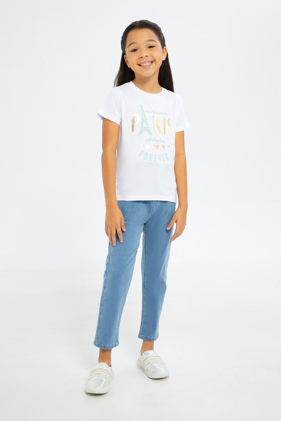 Redtag-Girls-White-"Paris"-Foil-Print-Tshirt-Category:T-Shirts,-Colour:White,-Deals:New-In,-Filter:Girls-(2-to-8-Yrs),-GIR-T-Shirts,-H1:KWR,-H2:GIR,-H3:TSH,-H4:CAT,-New-In-GIR-APL,-Non-Sale,-S23C,-Season:S23C,-Section:Girls-(0-to-14Yrs),-TBL-Girls-2 to 8 Years