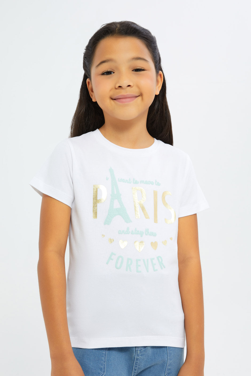 Redtag-Girls-White-"Paris"-Foil-Print-Tshirt-Category:T-Shirts,-Colour:White,-Deals:New-In,-Filter:Girls-(2-to-8-Yrs),-GIR-T-Shirts,-H1:KWR,-H2:GIR,-H3:TSH,-H4:CAT,-New-In-GIR-APL,-Non-Sale,-S23C,-Season:S23C,-Section:Girls-(0-to-14Yrs),-TBL-Girls-2 to 8 Years