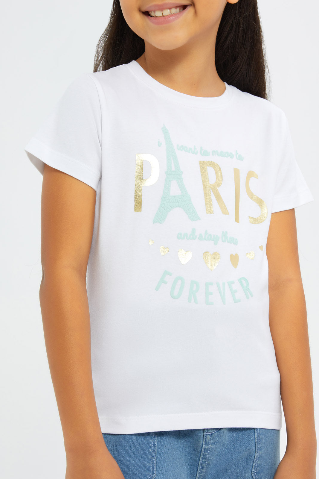 Redtag-Girls-White-"Paris"-Foil-Print-Tshirt-Category:T-Shirts,-Colour:White,-Deals:New-In,-Filter:Girls-(2-to-8-Yrs),-GIR-T-Shirts,-H1:KWR,-H2:GIR,-H3:TSH,-H4:CAT,-New-In-GIR-APL,-Non-Sale,-S23C,-Season:S23C,-Section:Girls-(0-to-14Yrs),-TBL-Girls-2 to 8 Years