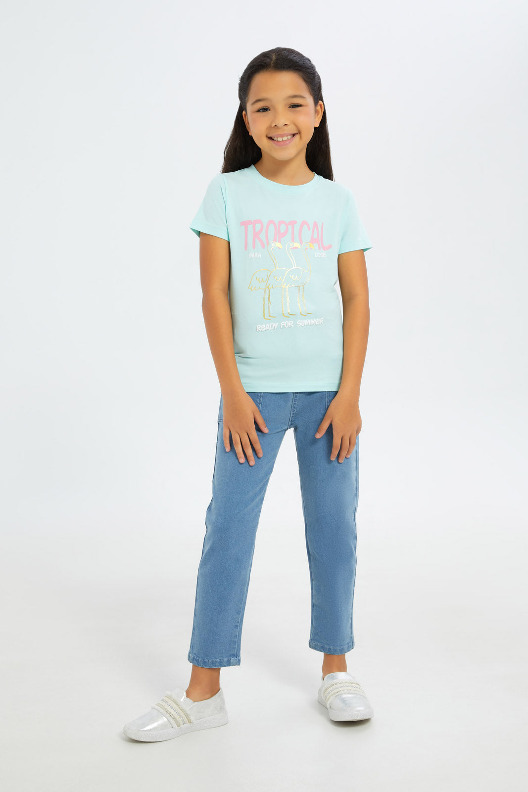 Redtag-Girls-Blue-"Tropical"-Foil-Print-Tshirt-Category:T-Shirts,-Colour:Blue,-Deals:New-In,-Filter:Girls-(2-to-8-Yrs),-GIR-T-Shirts,-H1:KWR,-H2:GIR,-H3:TSH,-H4:CAT,-New-In-GIR-APL,-Non-Sale,-S23C,-Season:S23C,-Section:Girls-(0-to-14Yrs),-TBL-Girls-2 to 8 Years