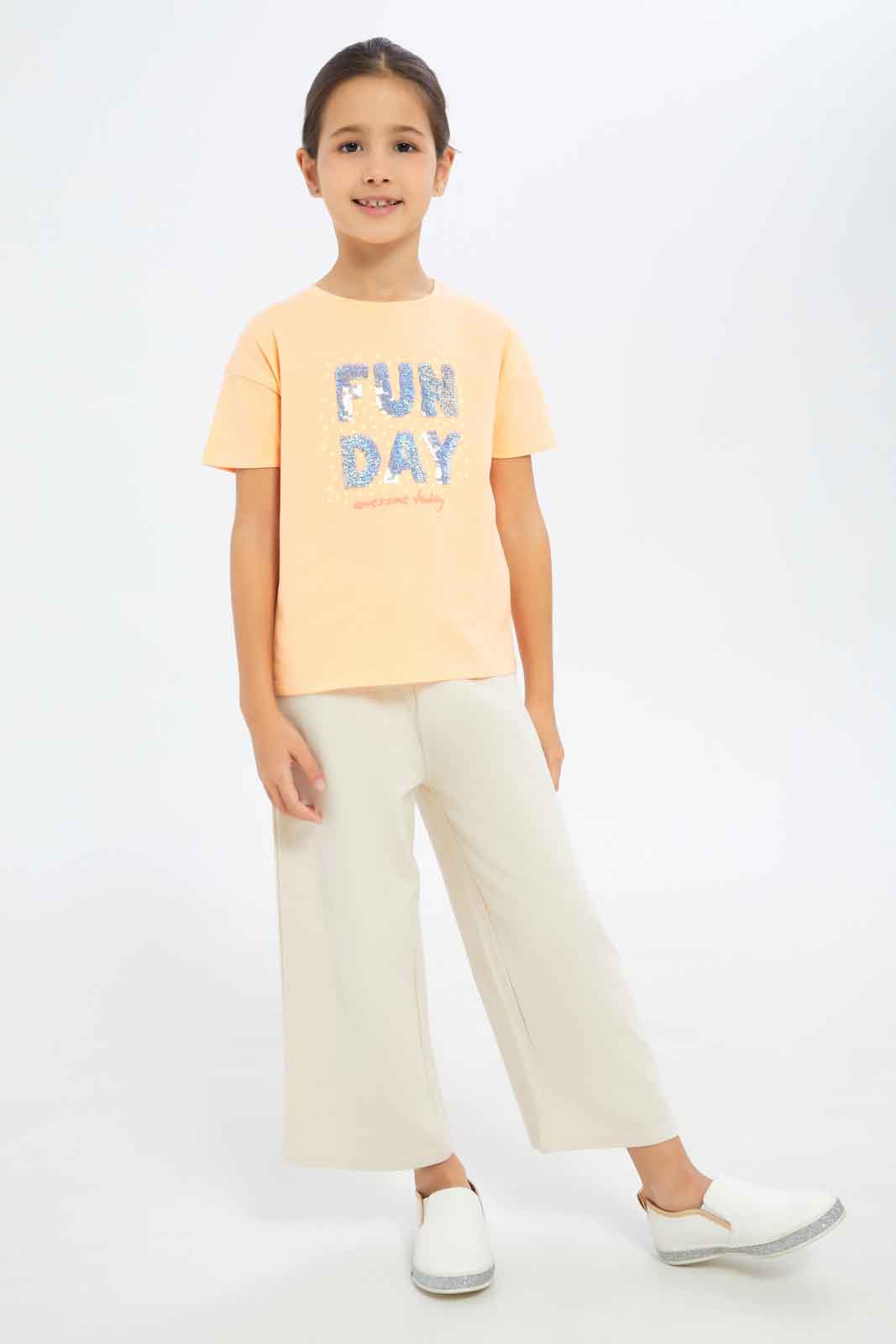 Redtag-Girls-Orange-"Fun-Day"-Sequins-Tshirt-Category:T-Shirts,-Colour:Orange,-Deals:New-In,-Filter:Girls-(2-to-8-Yrs),-GIR-T-Shirts,-New-In-GIR-APL,-Non-Sale,-S23C,-Section:Girls-(0-to-14Yrs),-TBL-Girls-2 to 8 Years