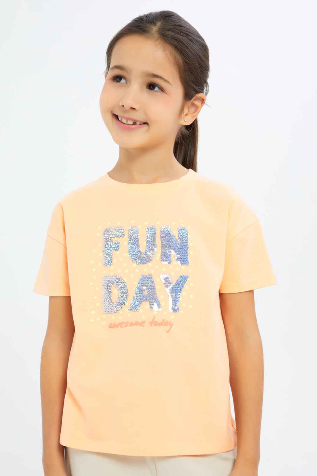 Redtag-Girls-Orange-"Fun-Day"-Sequins-Tshirt-Category:T-Shirts,-Colour:Orange,-Deals:New-In,-Filter:Girls-(2-to-8-Yrs),-GIR-T-Shirts,-New-In-GIR-APL,-Non-Sale,-S23C,-Section:Girls-(0-to-14Yrs),-TBL-Girls-2 to 8 Years
