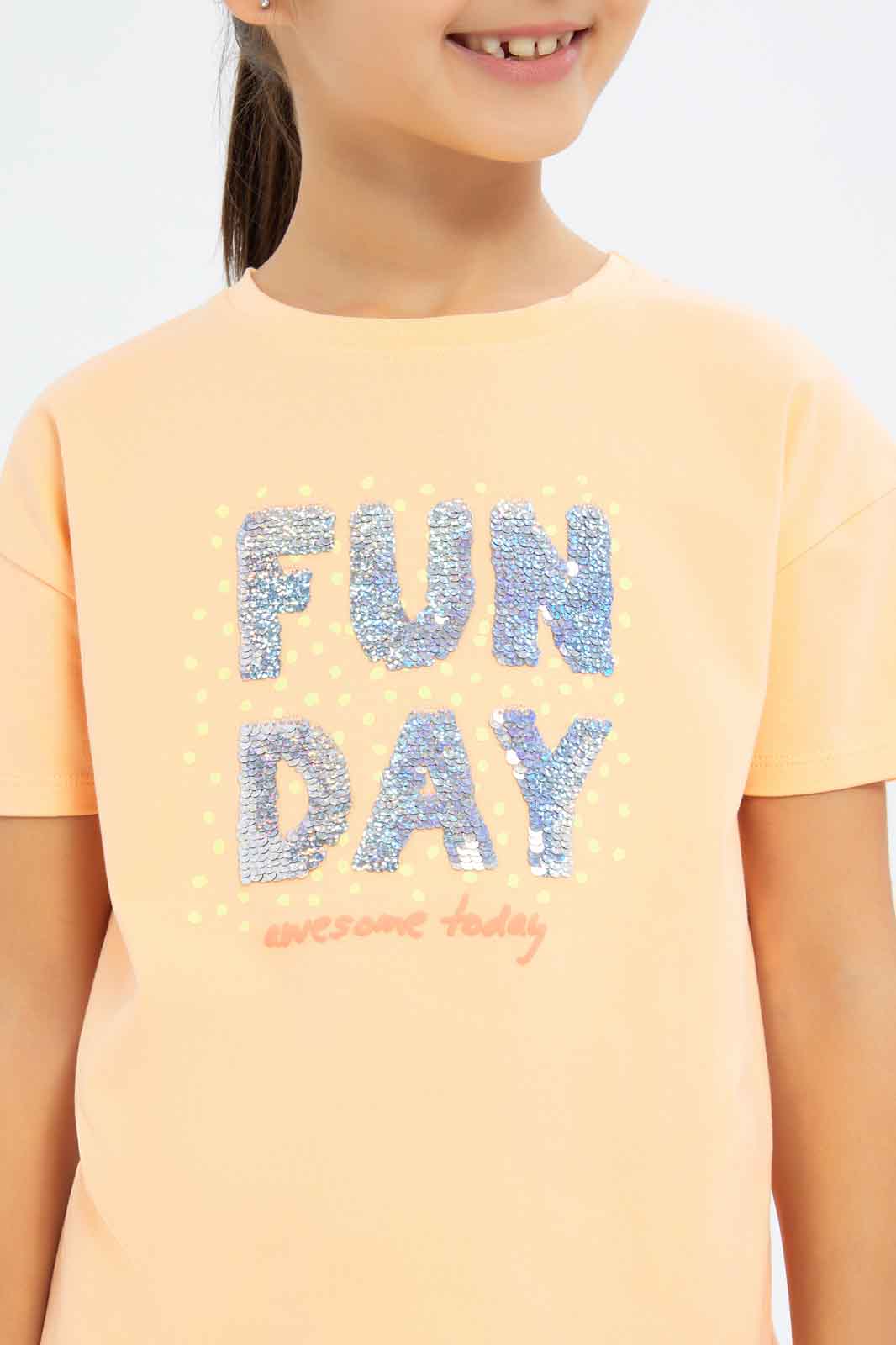 Redtag-Girls-Orange-"Fun-Day"-Sequins-Tshirt-Category:T-Shirts,-Colour:Orange,-Deals:New-In,-Filter:Girls-(2-to-8-Yrs),-GIR-T-Shirts,-New-In-GIR-APL,-Non-Sale,-S23C,-Section:Girls-(0-to-14Yrs),-TBL-Girls-2 to 8 Years